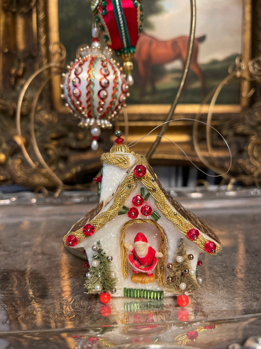 Santa in Glittered Snow Covered Cottage Push Pin Christmas Ornaments, Set of 3