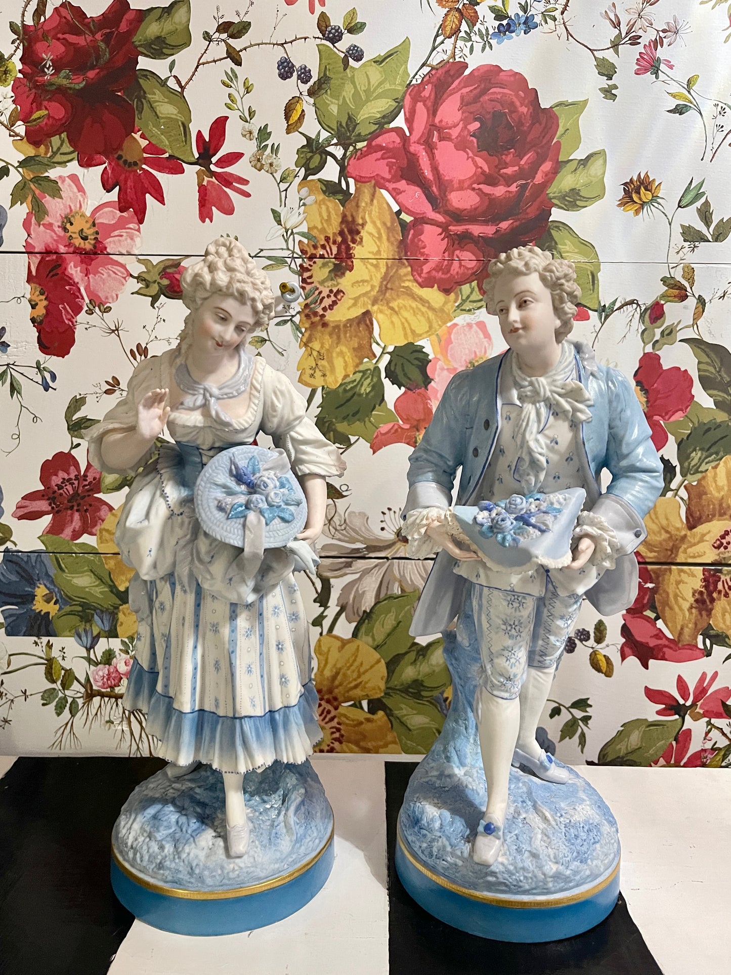 Blue and White French Figural Porcelain Statuettes, European Porcelain Bisque, Hand Painted