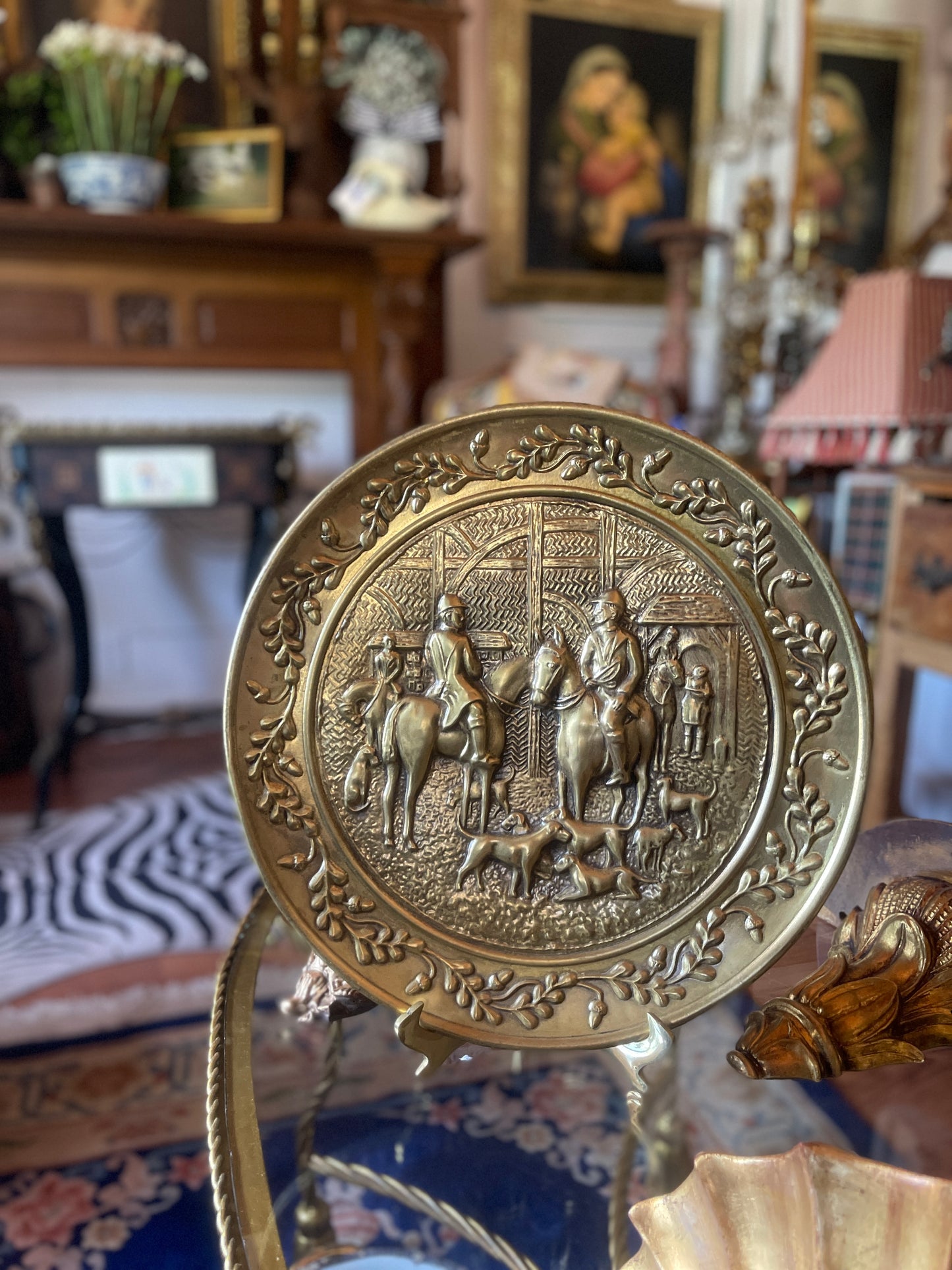 Vintage English Brass Embossed Charger – Fox Hunting Scene | Equestrian Decor