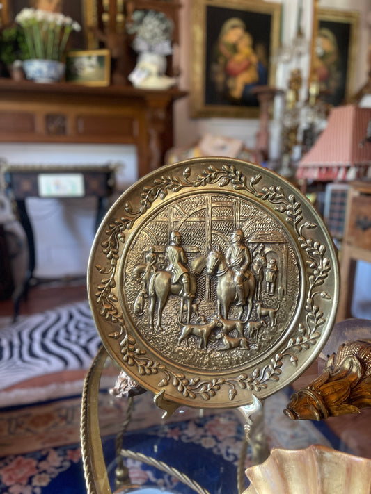 Vintage English Brass Embossed Charger – Fox Hunting Scene | Equestrian Decor