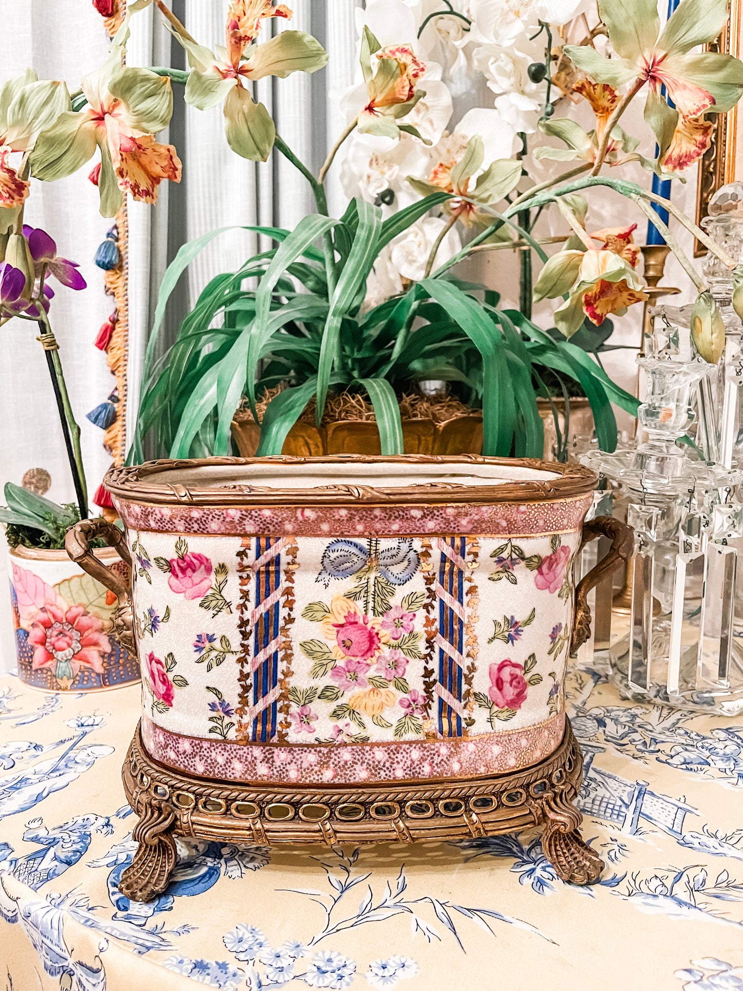 Vintage Floral Porcelain and Ormolu Shell Footed Planter, Blue Bow, Double Handled