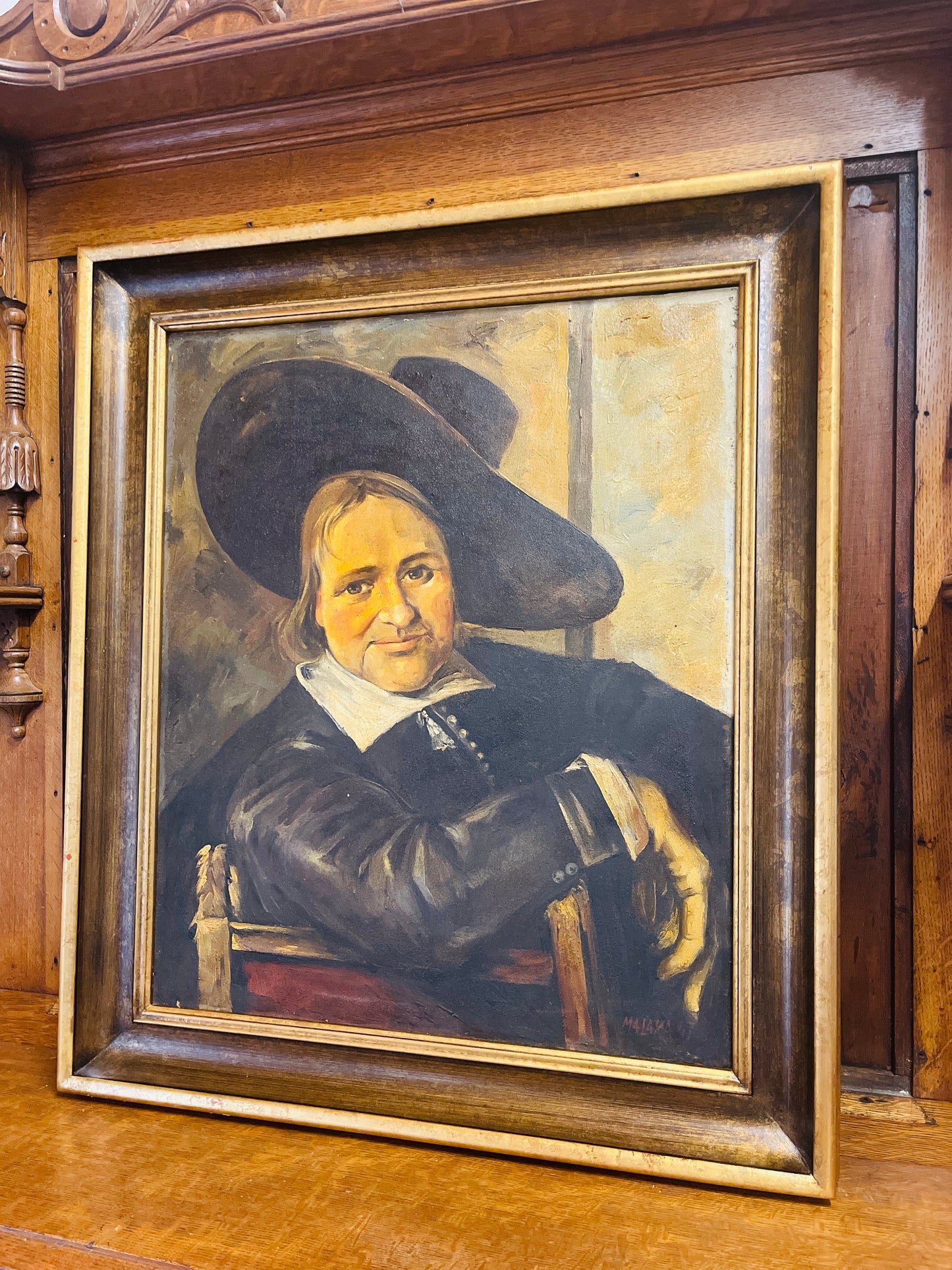 Antique 1847 Oil Painting in the Style of Frans Hals, Portrait of Man Sitting, Wearing Floppy Hat,