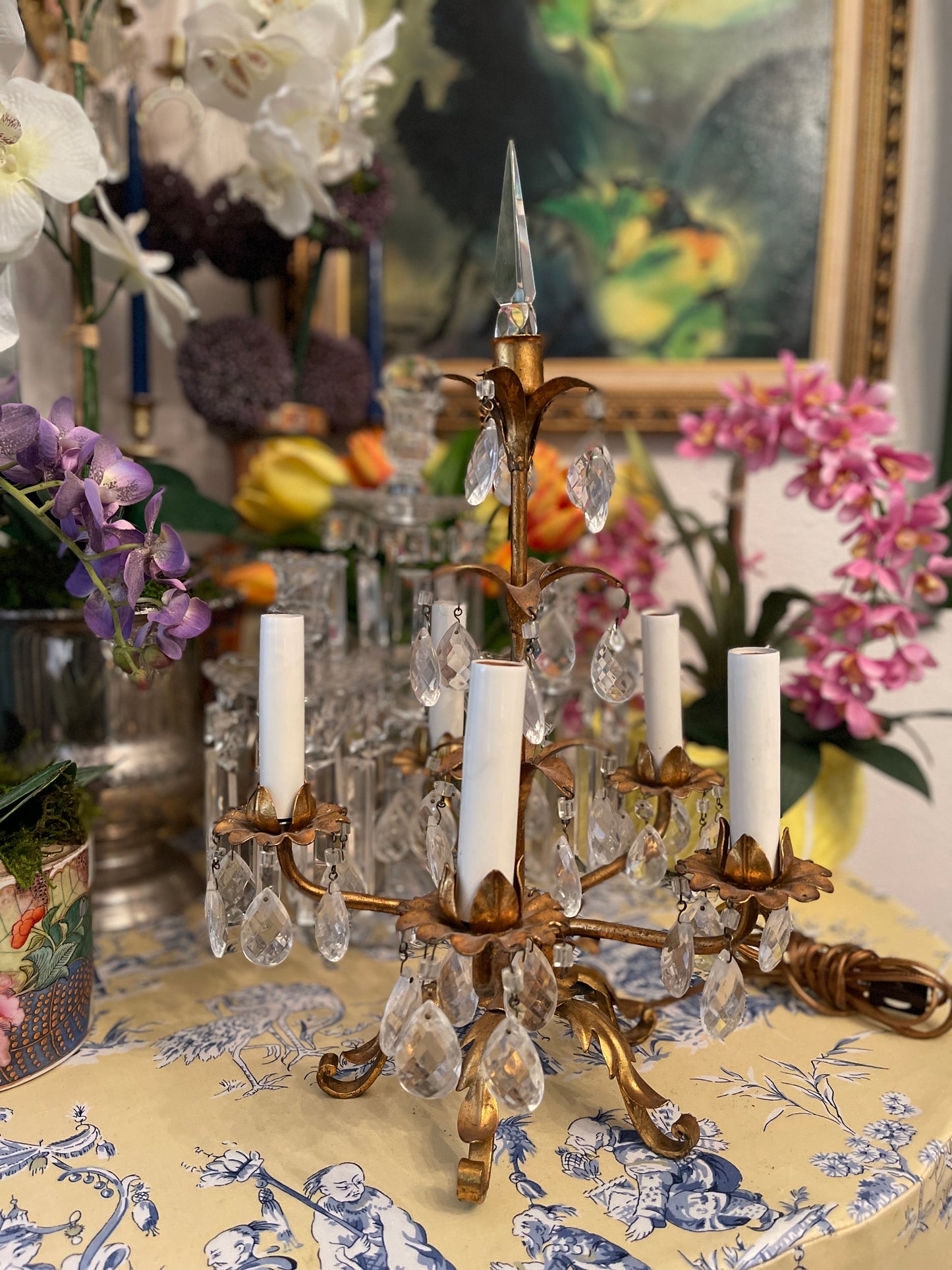 Italian Gilt Tole Table Lamp, Vintage, Five Light, vintage Gilt Lamp
