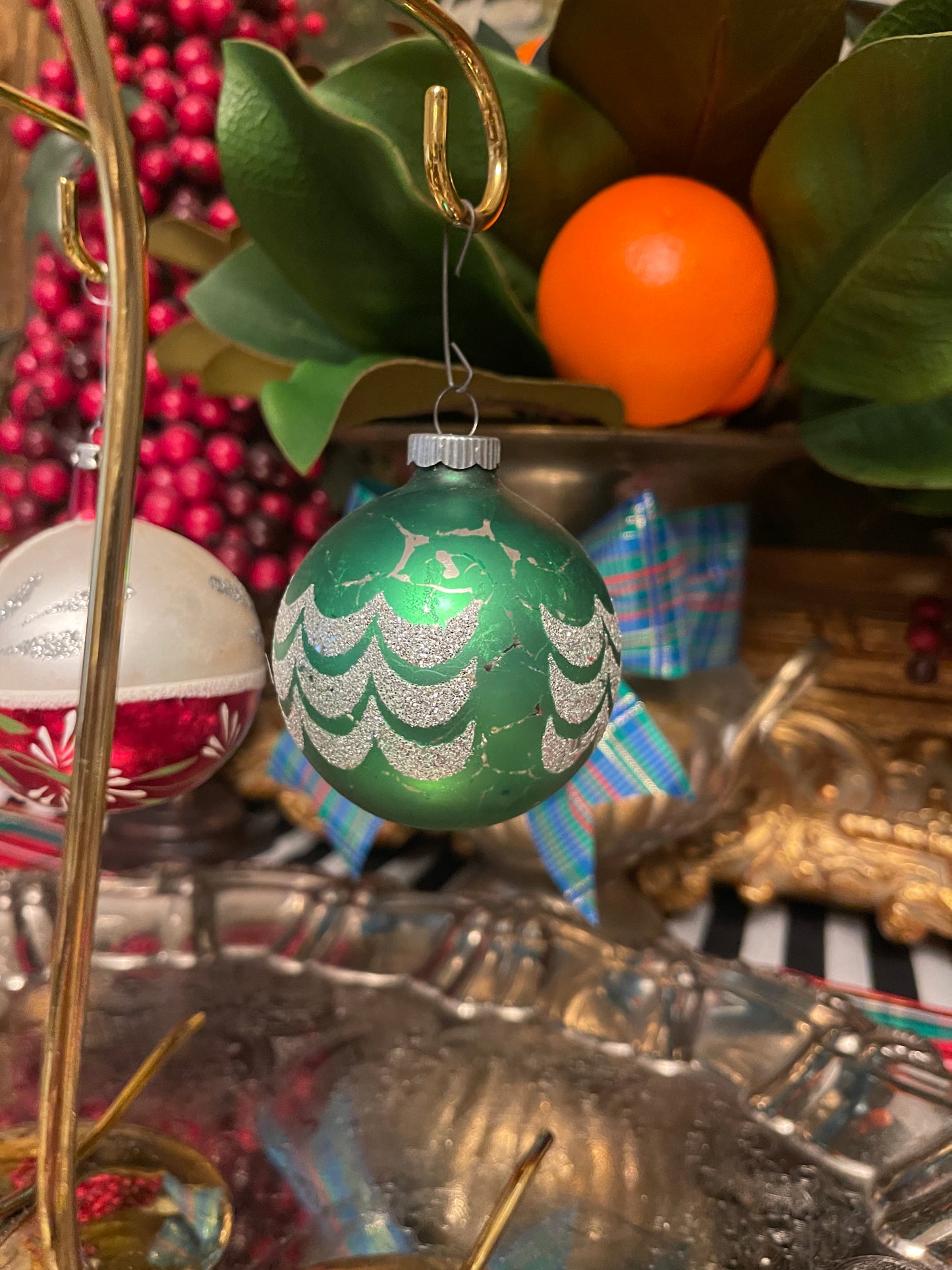 Vintage Hand Painted Red, Green, and Silver Glitter Glass Ornament Pair, Shiny Brite, Holiday Estate Decor