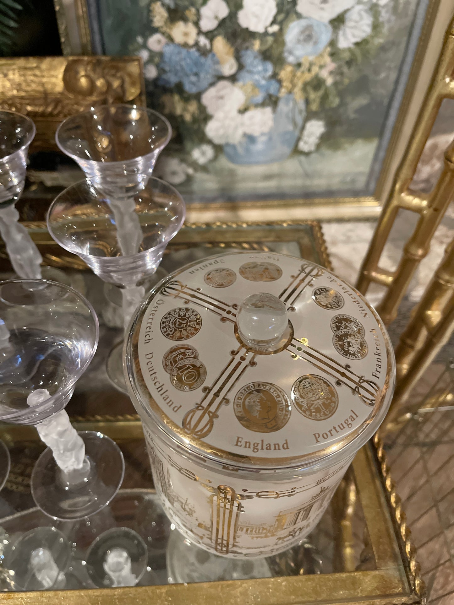 Lebkuchen Schmidt Lidded Canister, Frosted Glass, Gilt Scenes from Paris and London