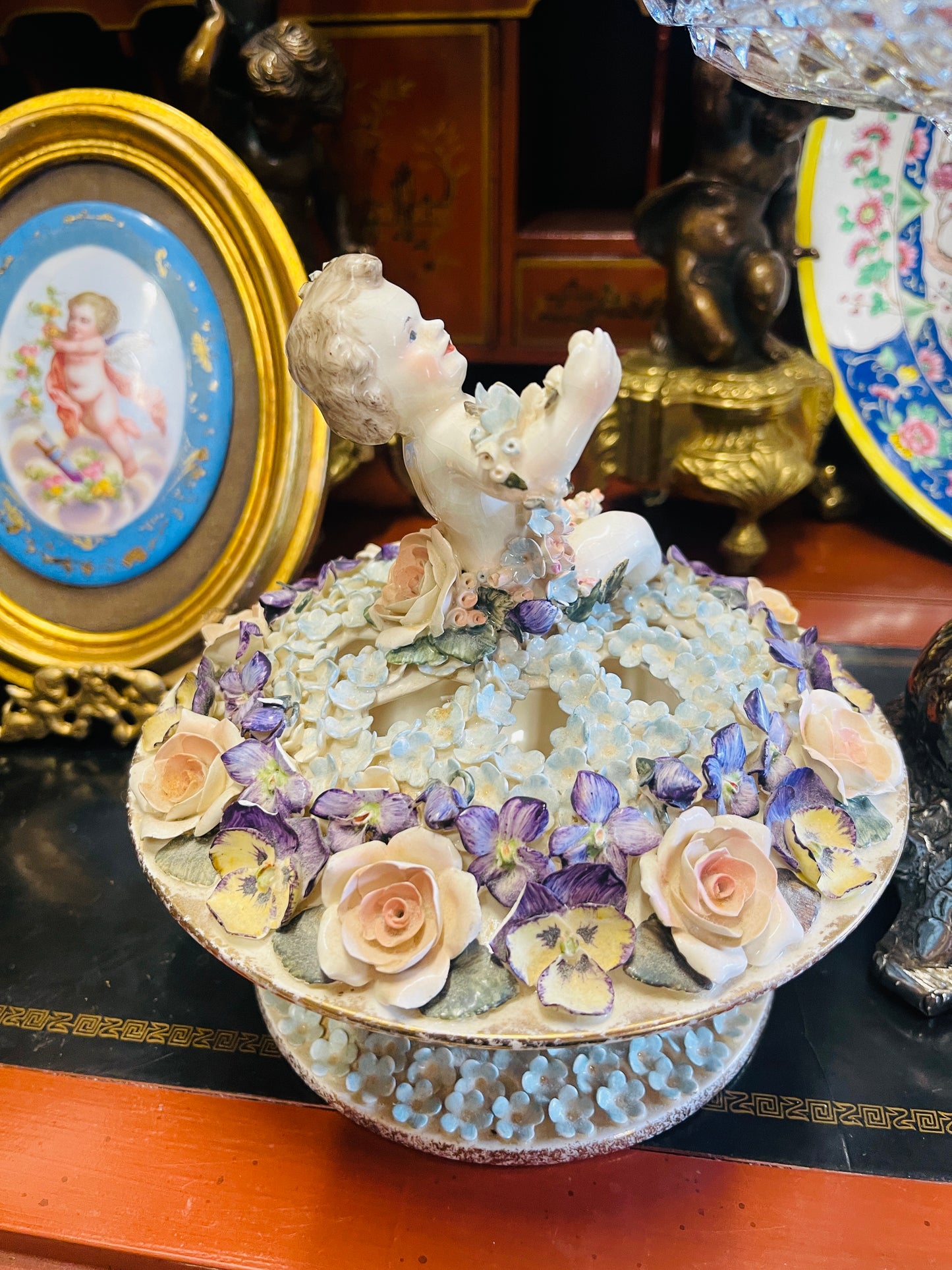 Vintage Hobe Dresden Porcelain Flower Frog with Cherub & Hand-Applied Florals, Imported by Neiman Marcus, ca. 1950s