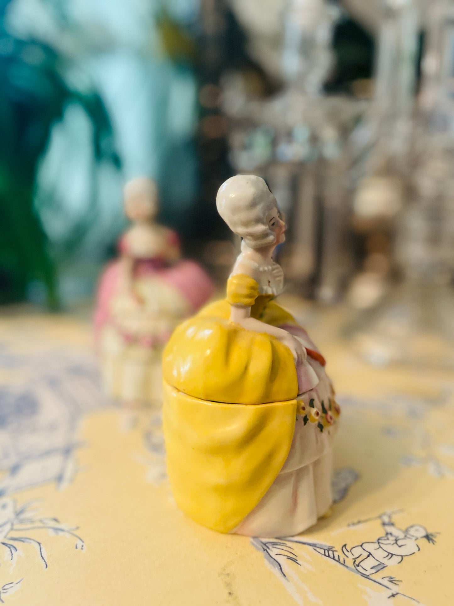 Antique German Porcelain Half-Doll Powder Box – Rococo Lady in Yellow Gown inspired by Marie Antoinette- Monte Vista Estate Drop
