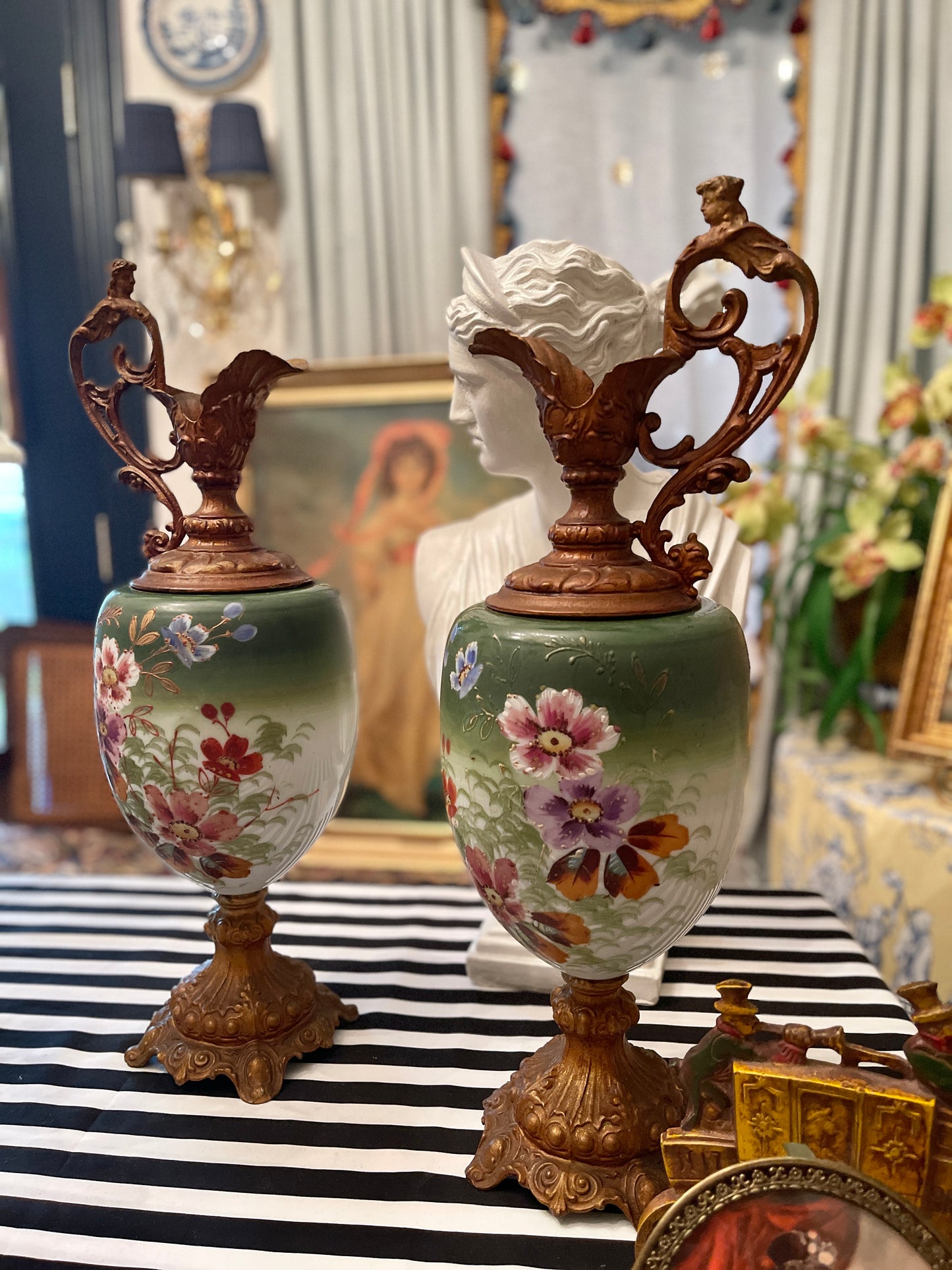 Antique Porcelain and Cast Metal Ewer Pitchers, Pair, Hand Painted