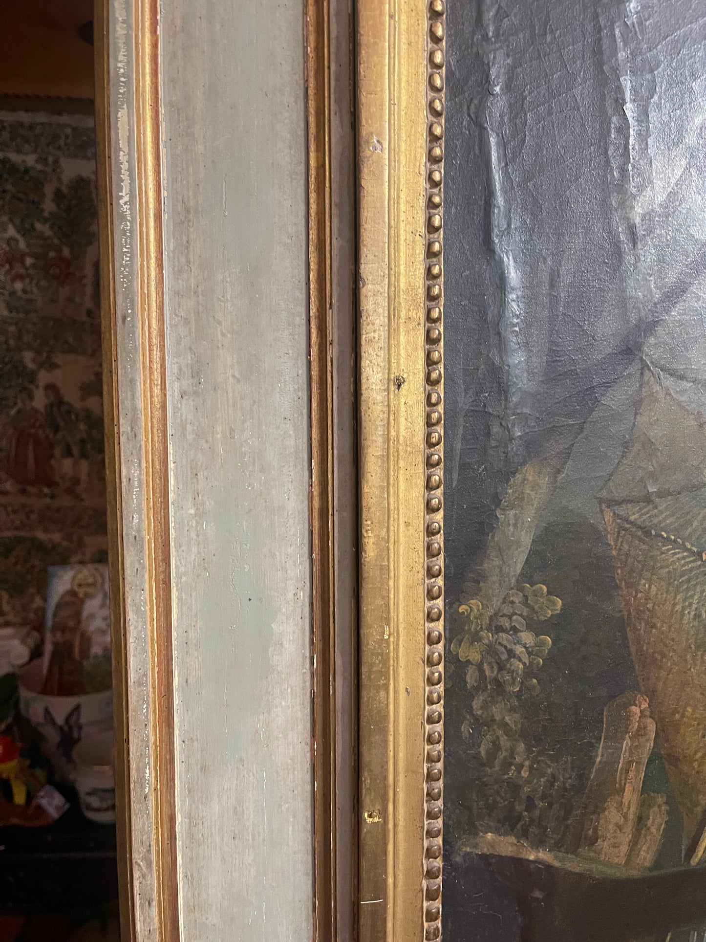 19th Century French Trumeau Mirror with Pastoral Oil Painting – Louis XVI Style Giltwood Frame