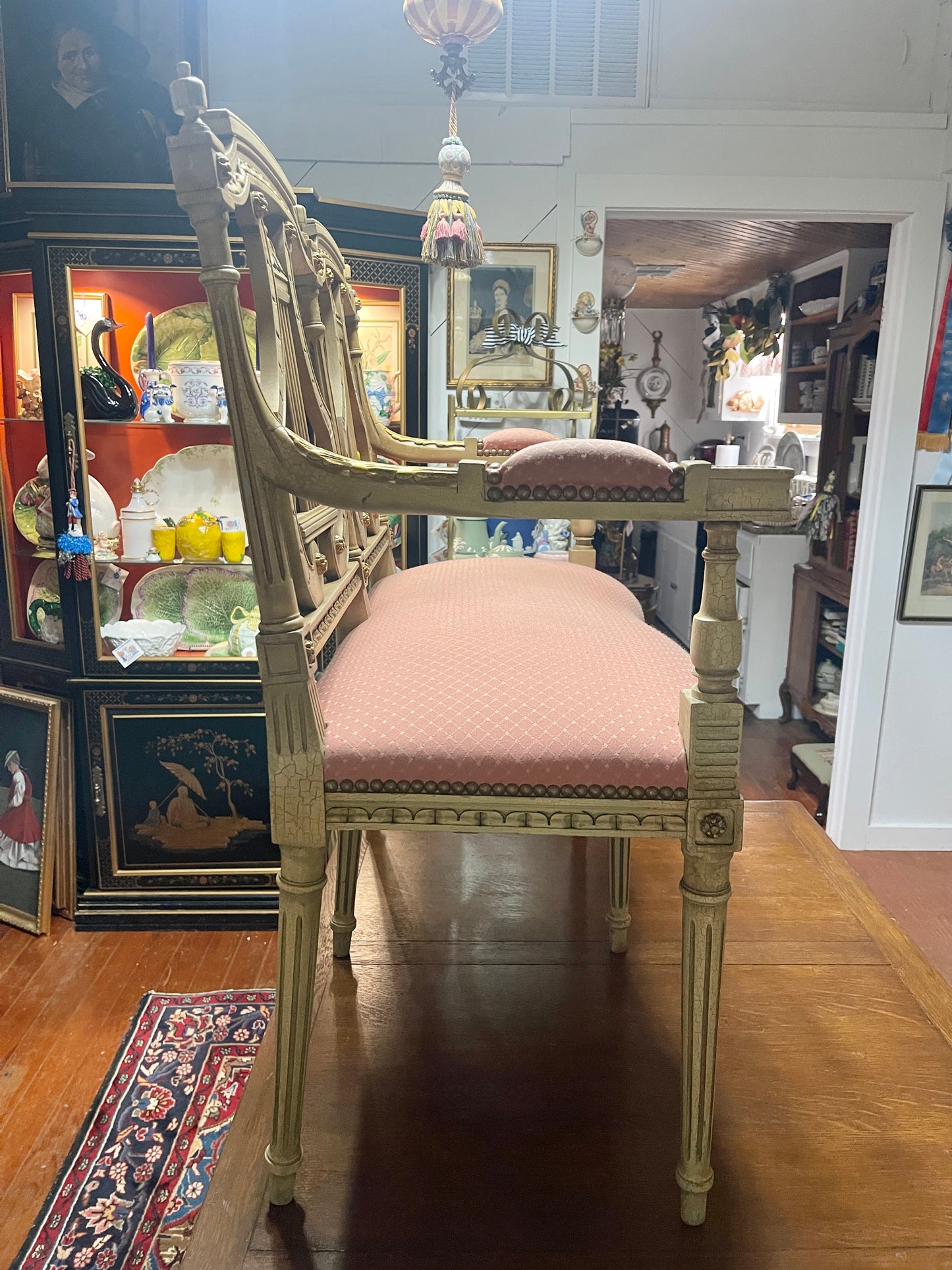 Antique Neoclassical Lyre Back Settee – Gilt Detailing & Blush Upholstery