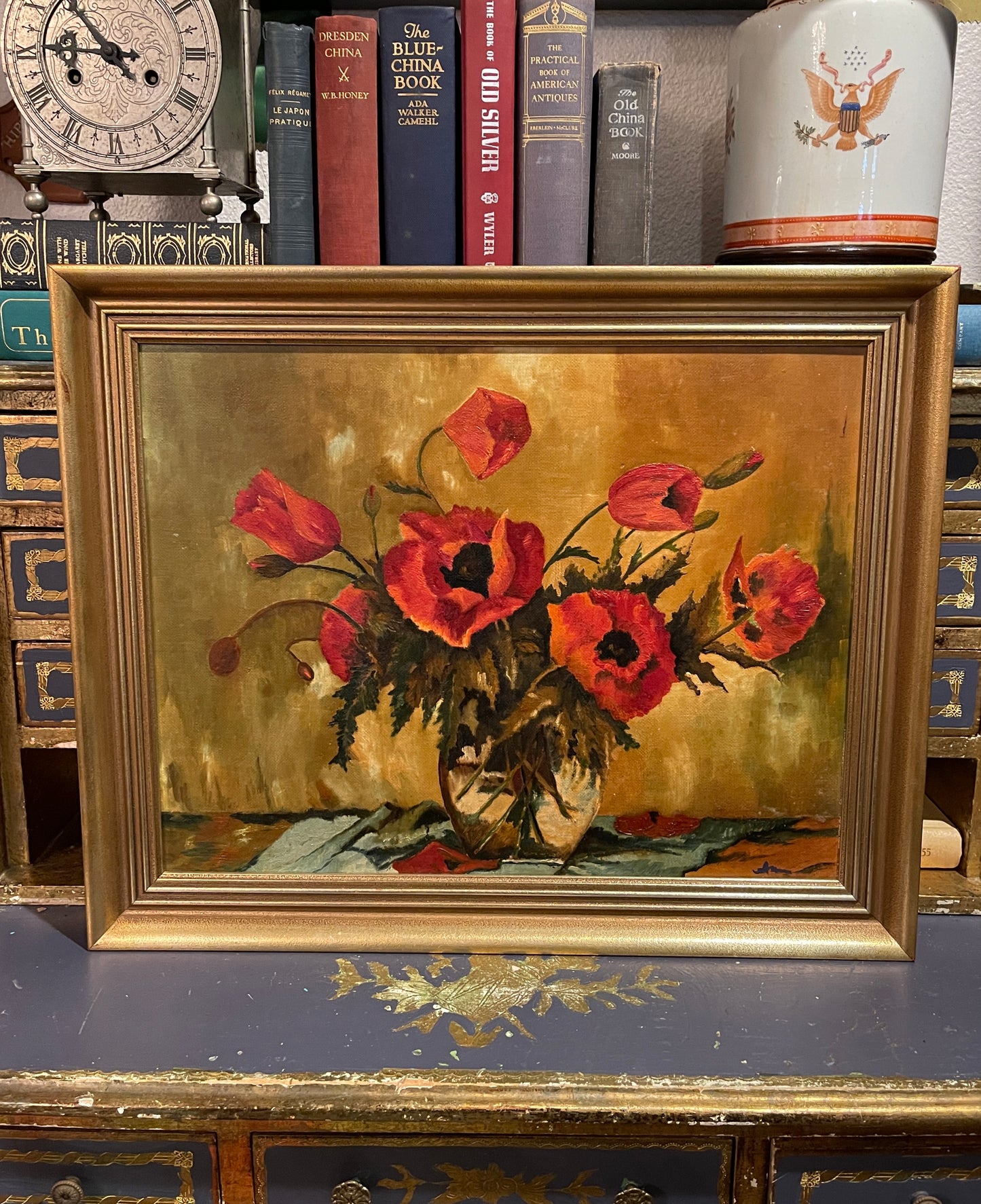 Vintage Poppies Painting, Oil on Board