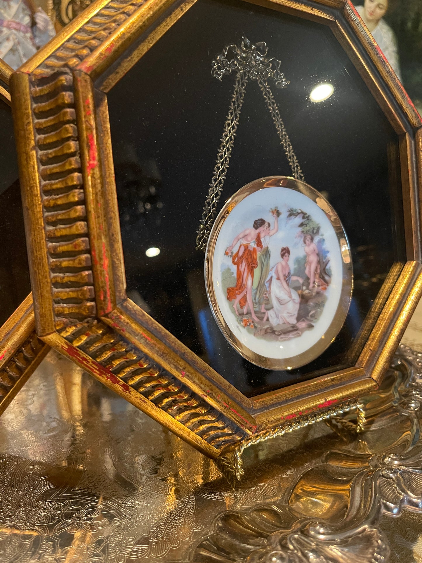 Framed French Victorian Plates with Filigree Tole Bows, Pair, Vintage