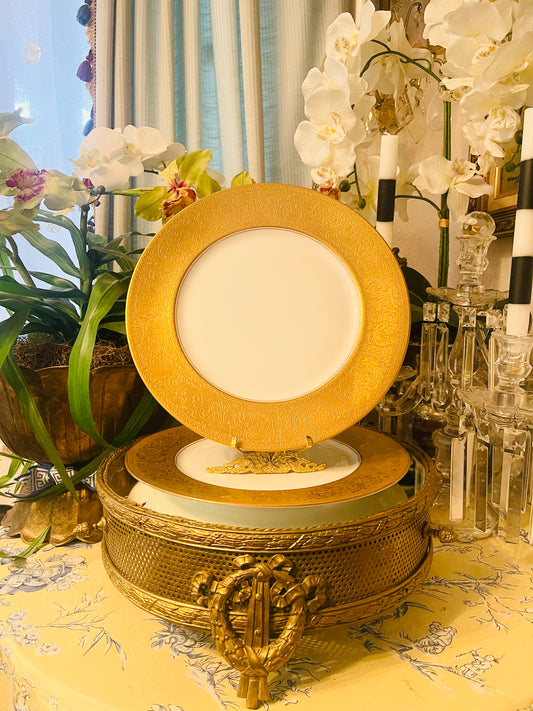 H&C Heinrich & Co Selb Bavaria 24kt Gold Embossed 11” Charger/Dinner Plates, Sold in Pairs
