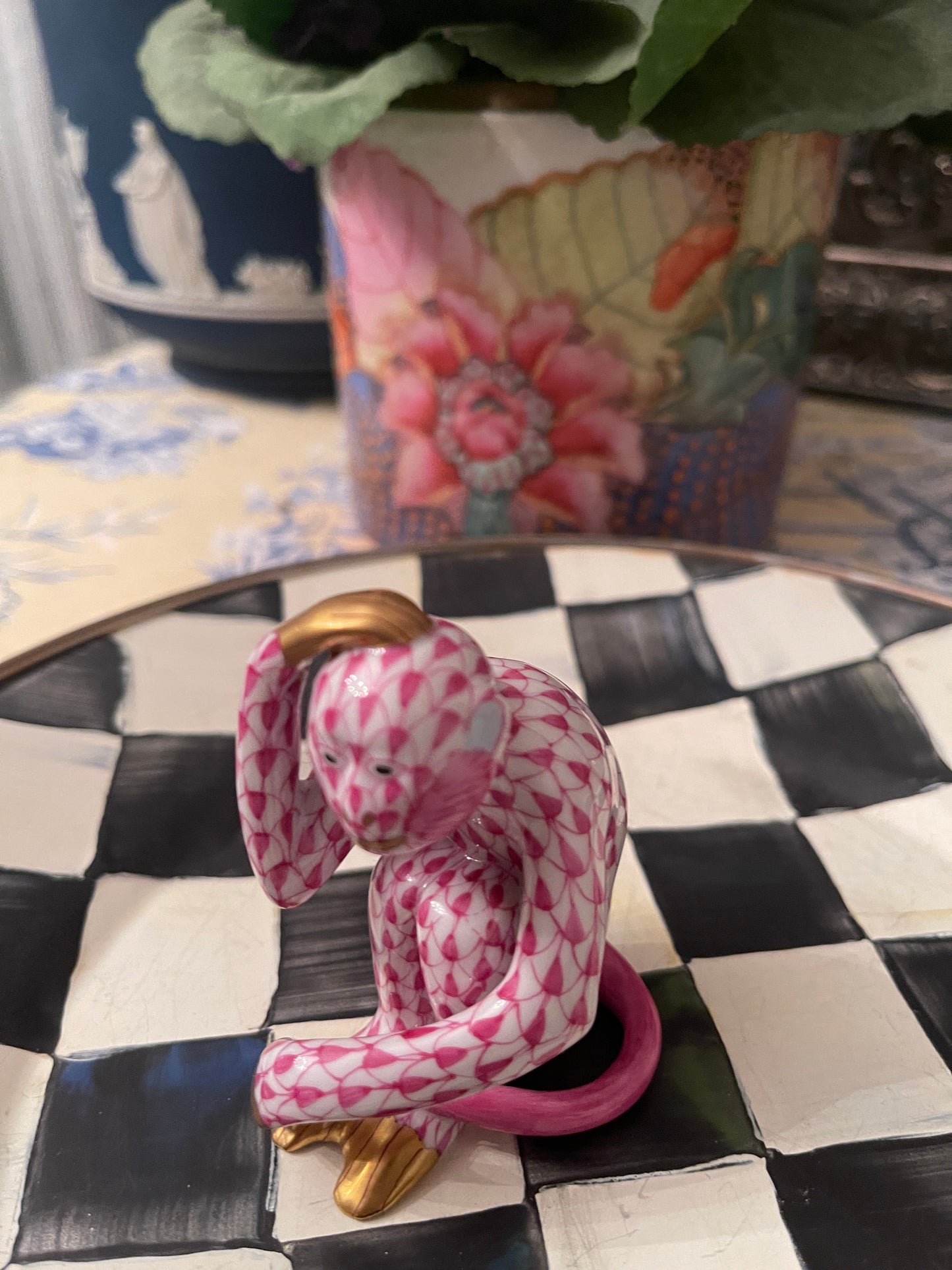 Herend Scratching Monkey In Raspberry Fishnet with 24 kt Gold Accents