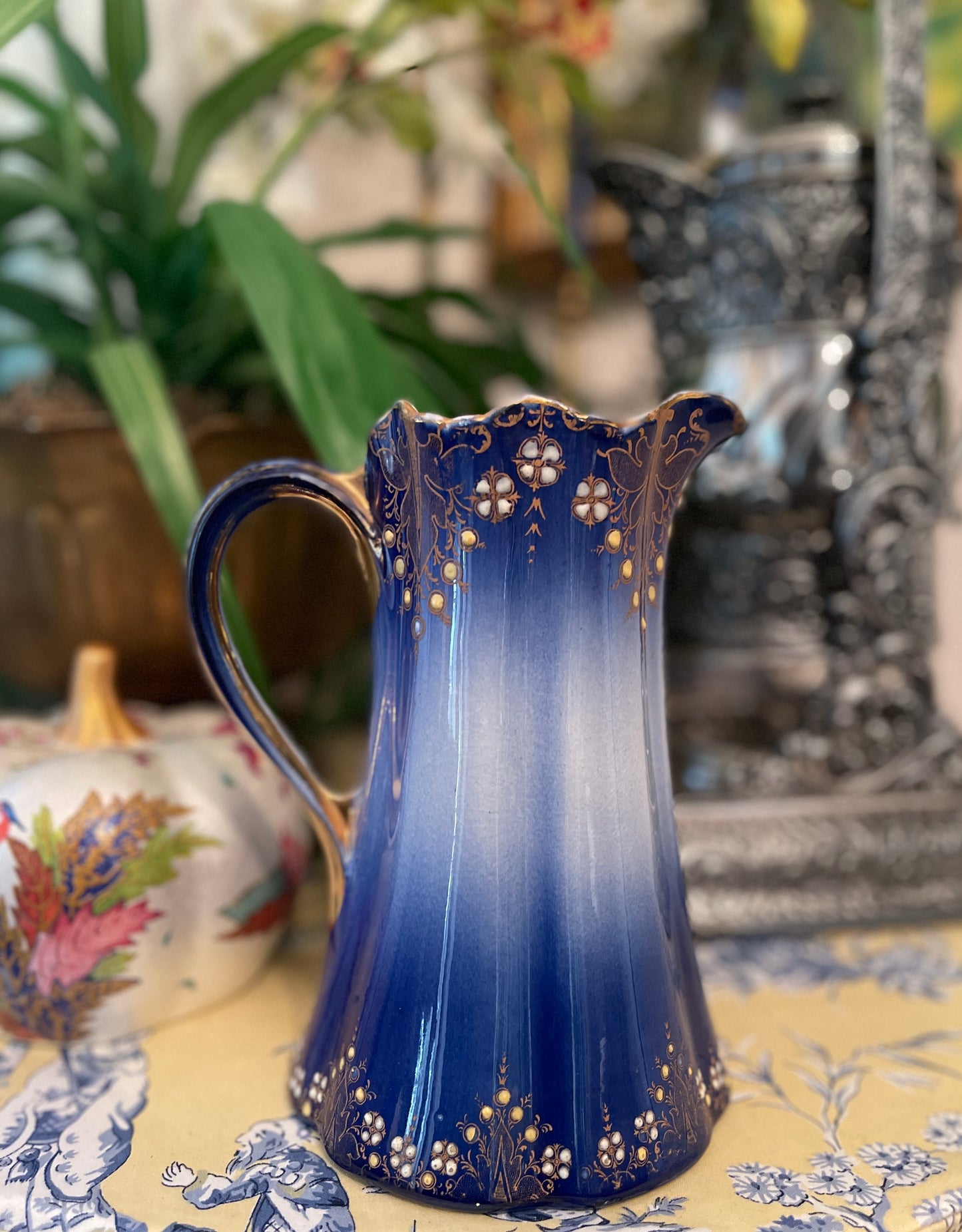 K & G Luneville France Blue, White and Gilt Relief Pitcher