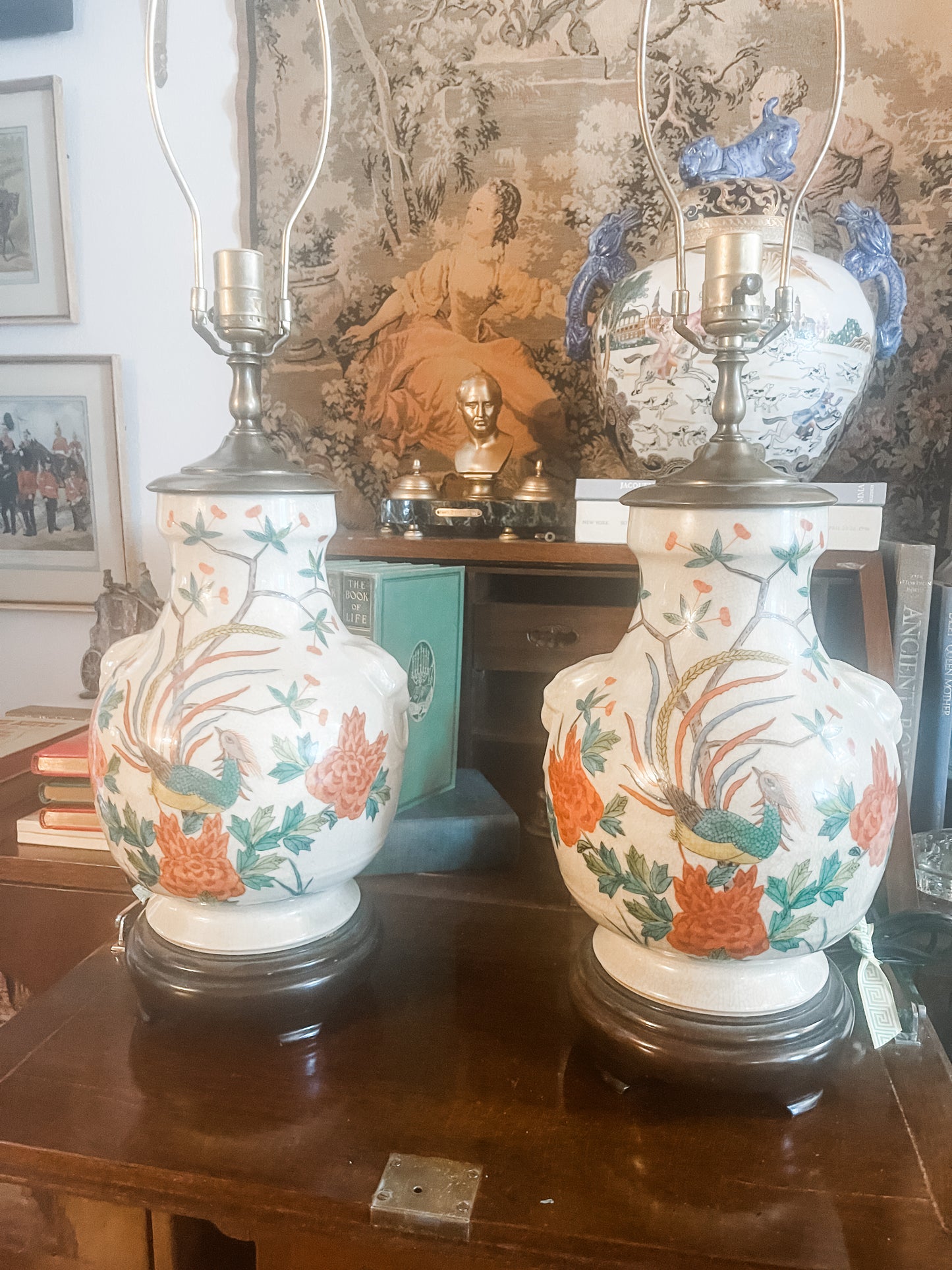 Pair of Chinoiserie Lamps, Vintage Chinese Porcelain