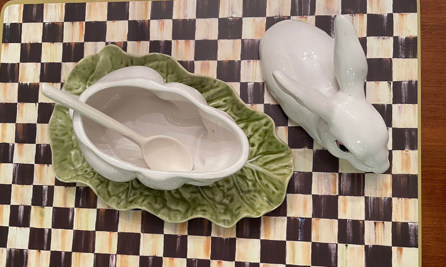 Vintage Bordallo Pinheiro Rabbit Saucier Dish on Cabbage Leaf Under Plate with Ladle