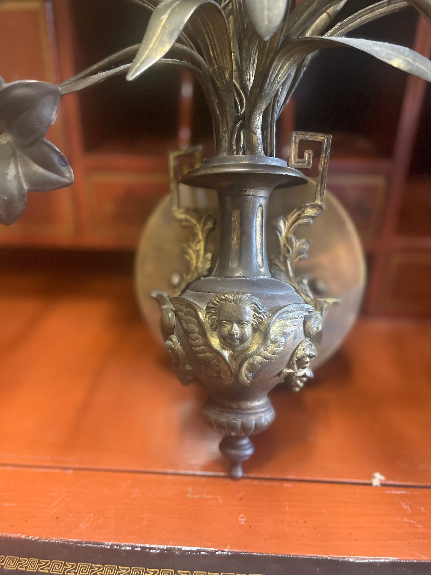 Late 19th Century French Bronze Candelabra Style Wall Sconces, Cheub Urns