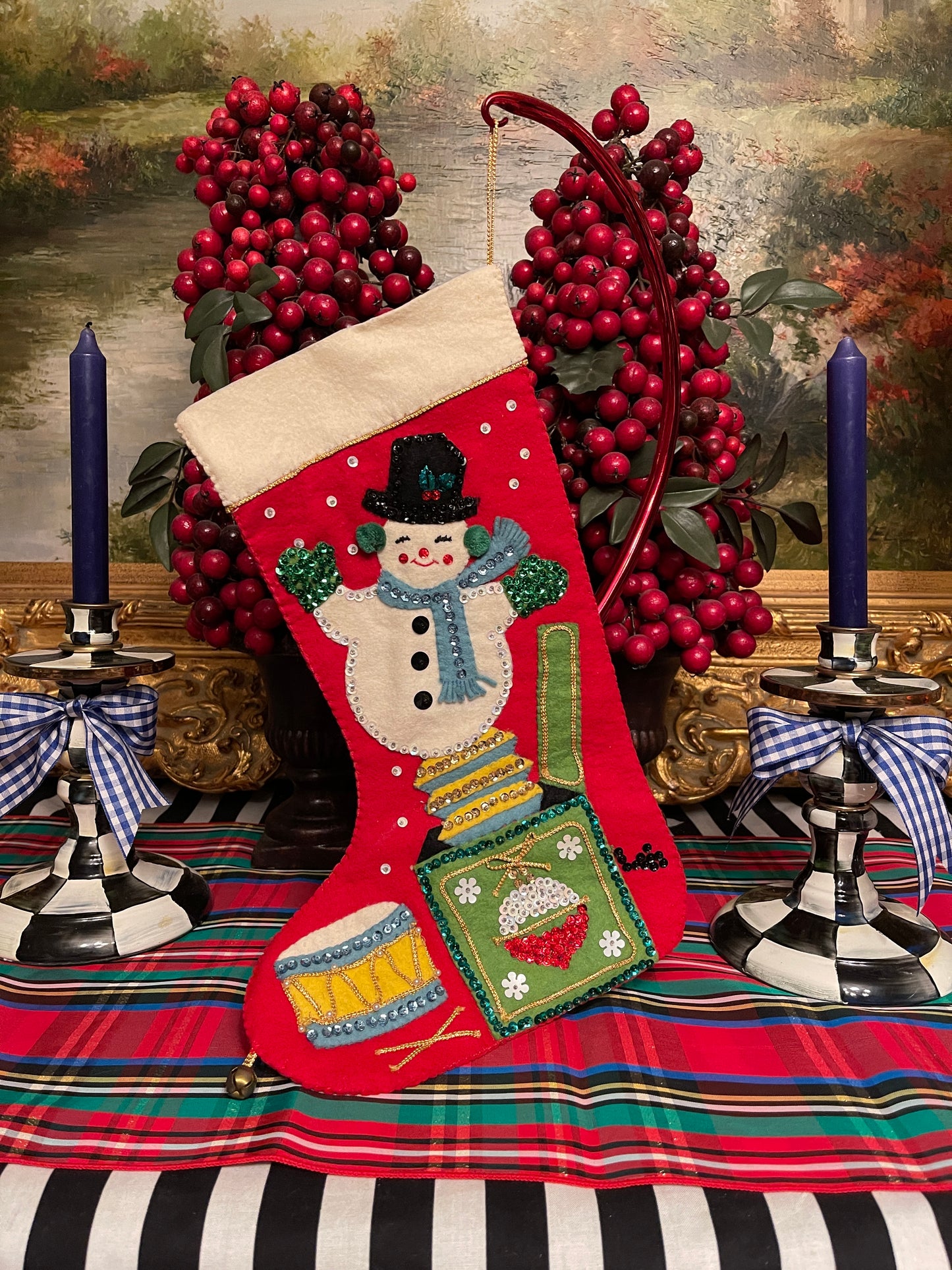Vintage Felt Christmas Stocking with Snowman, Sequin Detail