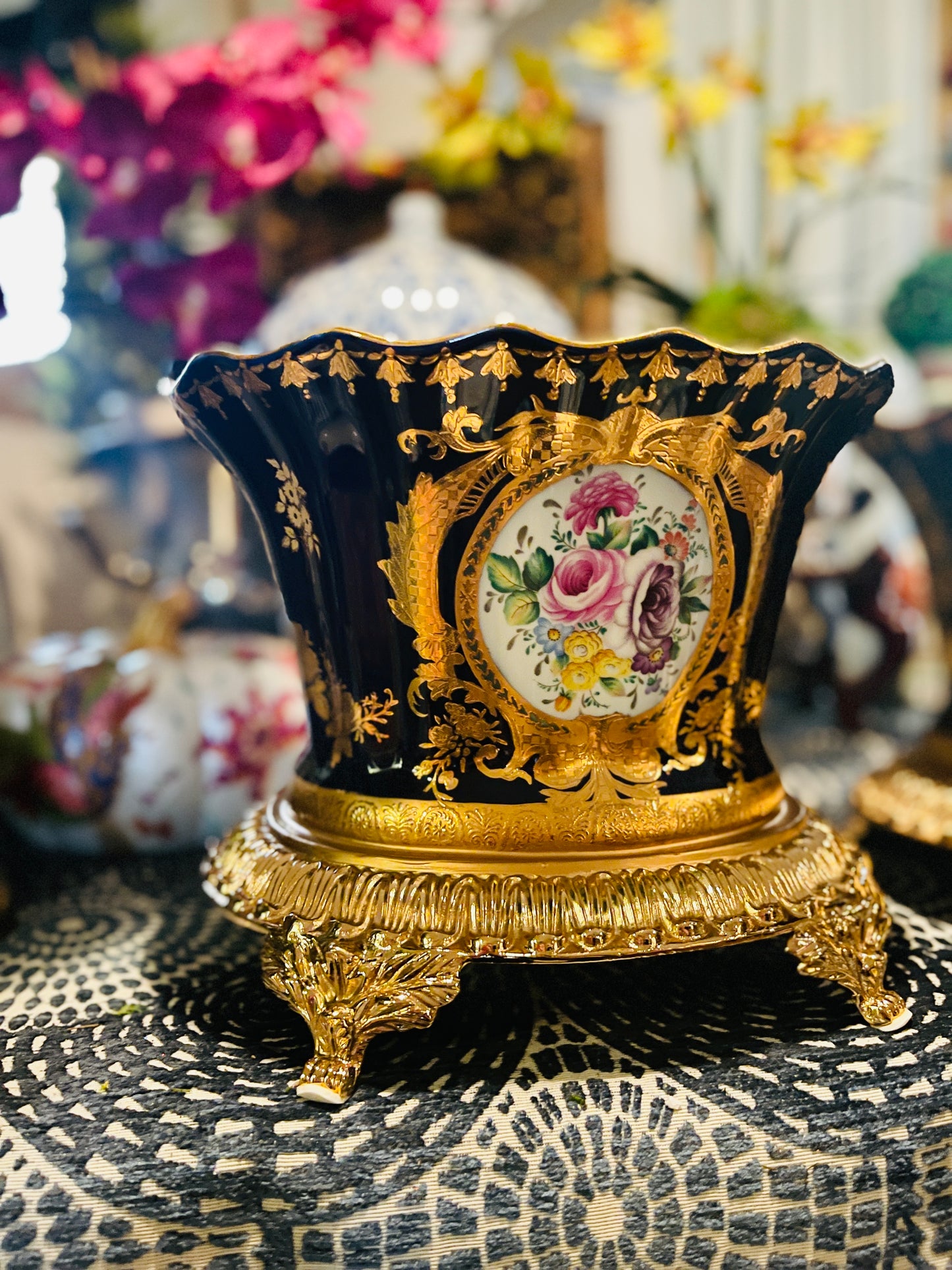 Vintage Cobalt Blue and Gilt French Bouquet Jardiniere