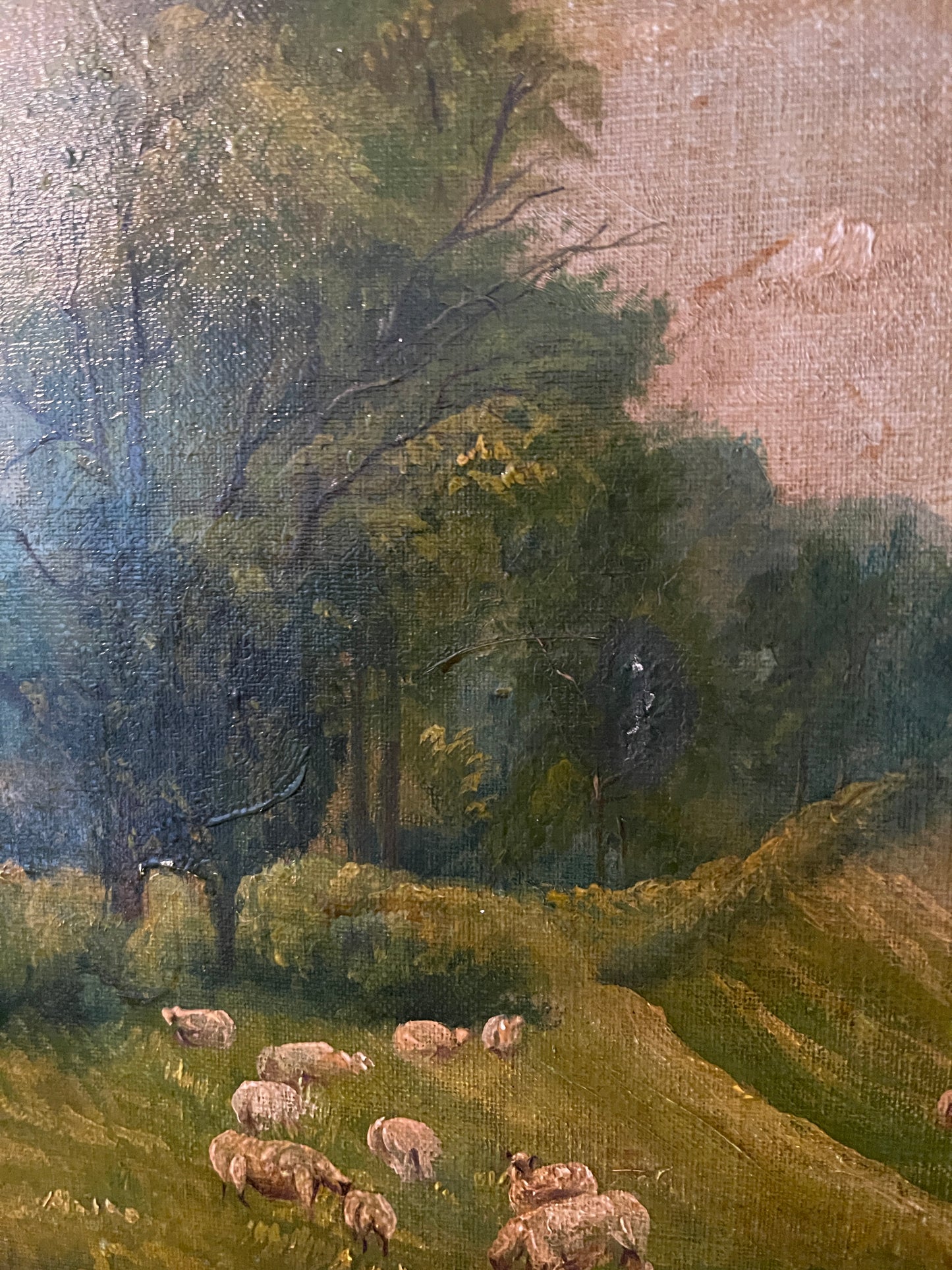 19th Century French Pastoral Oil Painting of Sheep Grazing — Antique Landscape with Varnished Finish