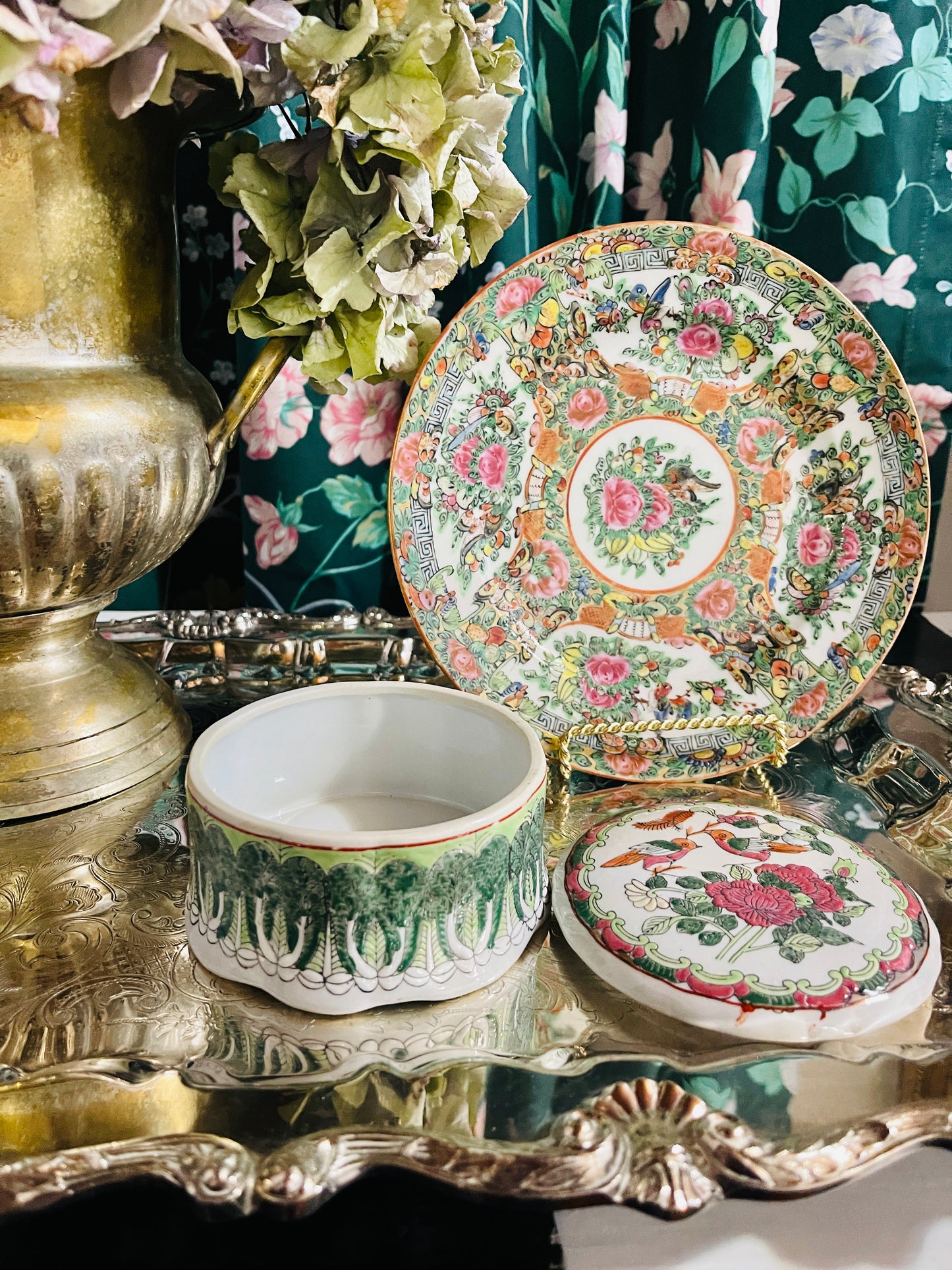 Chinoiserie Bok Choy Porcelain Trinket Box, Vintage