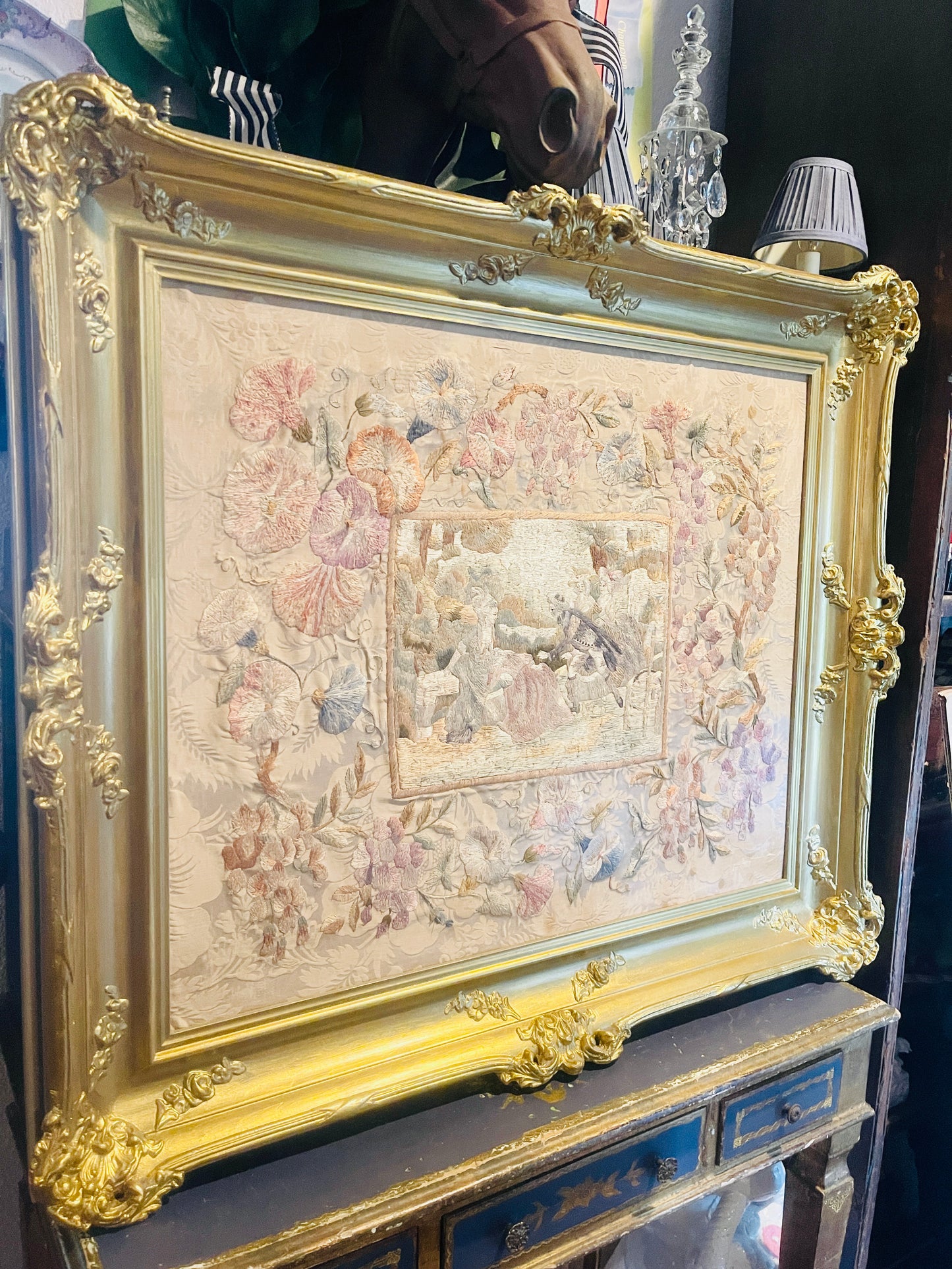 Antique Silk Embroidery in Ornate Gilded Frame – Pastoral Scene with Floral Damask | French Needlework Wall Art