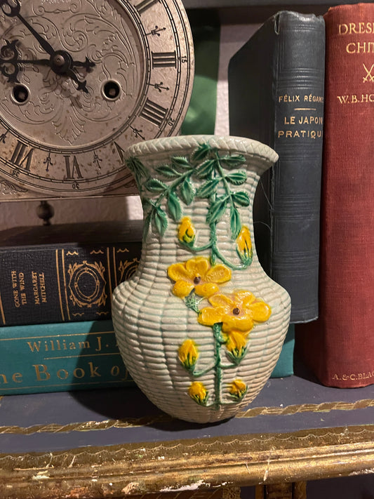 Vintage Chinoiserie  ‘Rattan Basket’ Wall Pocket with Yellow Flowers and Green Vines and Leaves, Made in Japan