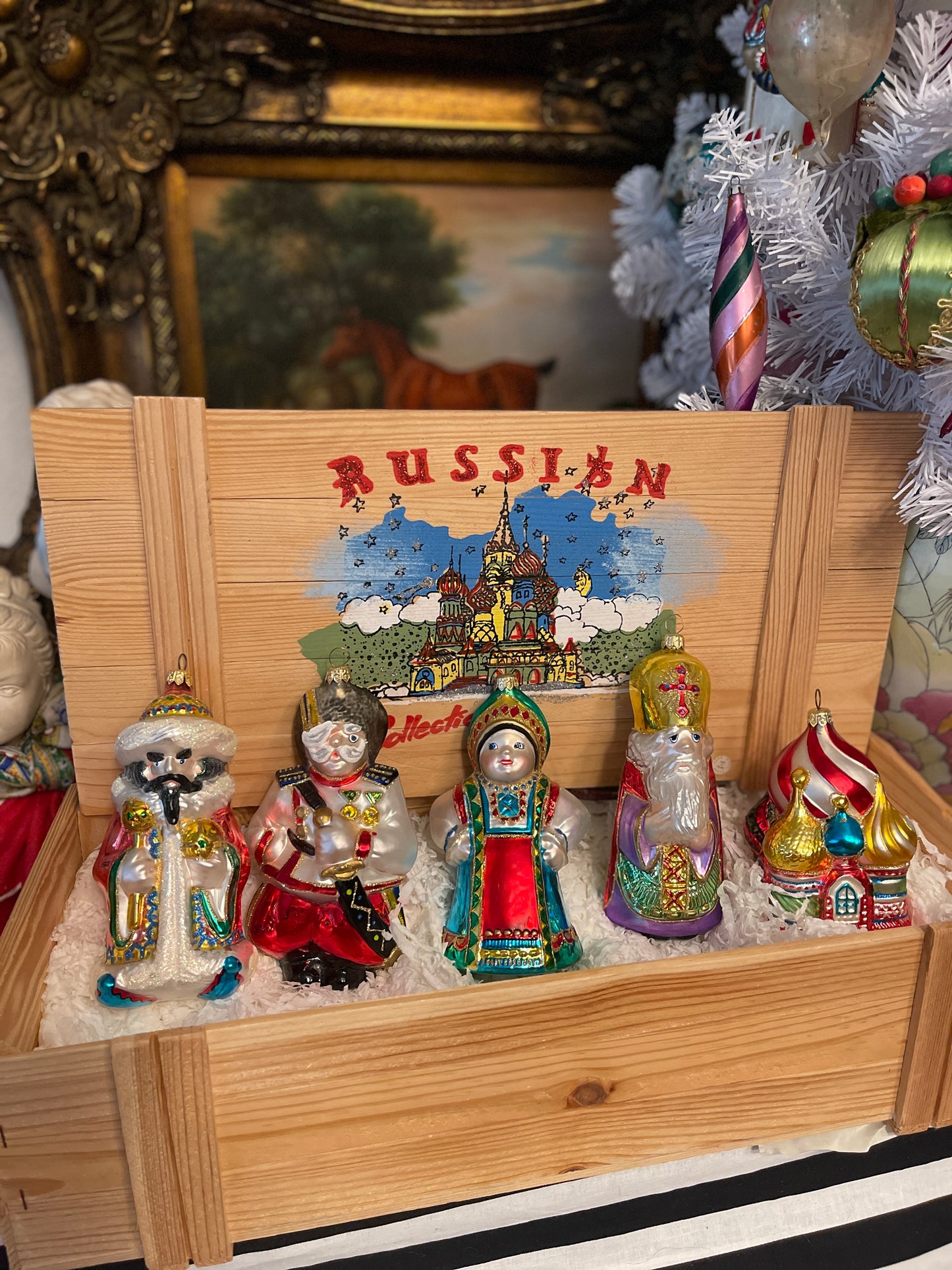 Vintage Kurt Adler Russian Collection of Polonaise Handblown Glass Ornaments in the Original Box, Made in Poland