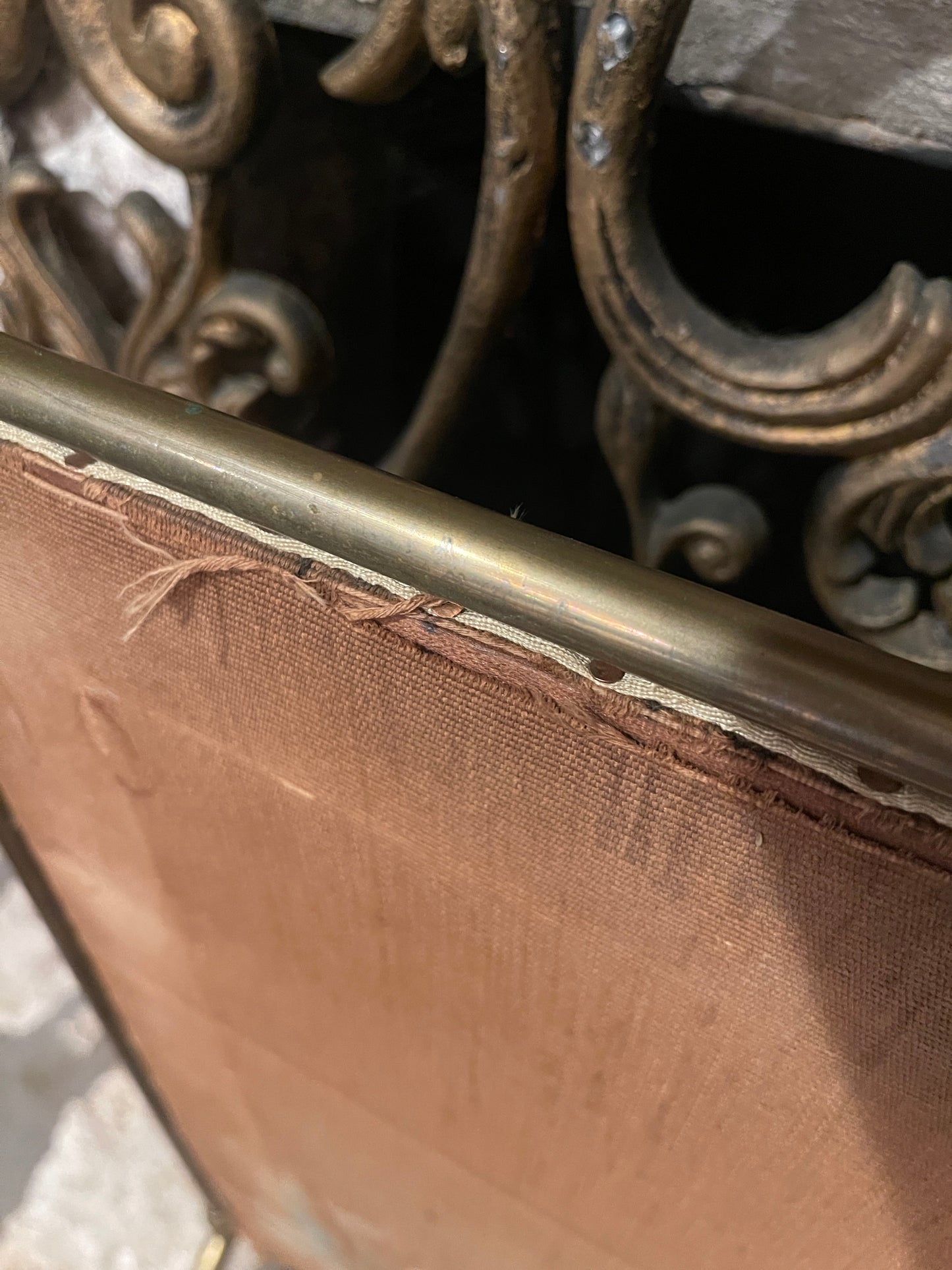 Antique Victorian Hand-Painted Fireplace Screen on Fabric with Brass Frame | Romantic 19th-Century Art Panel | Found in Round Top