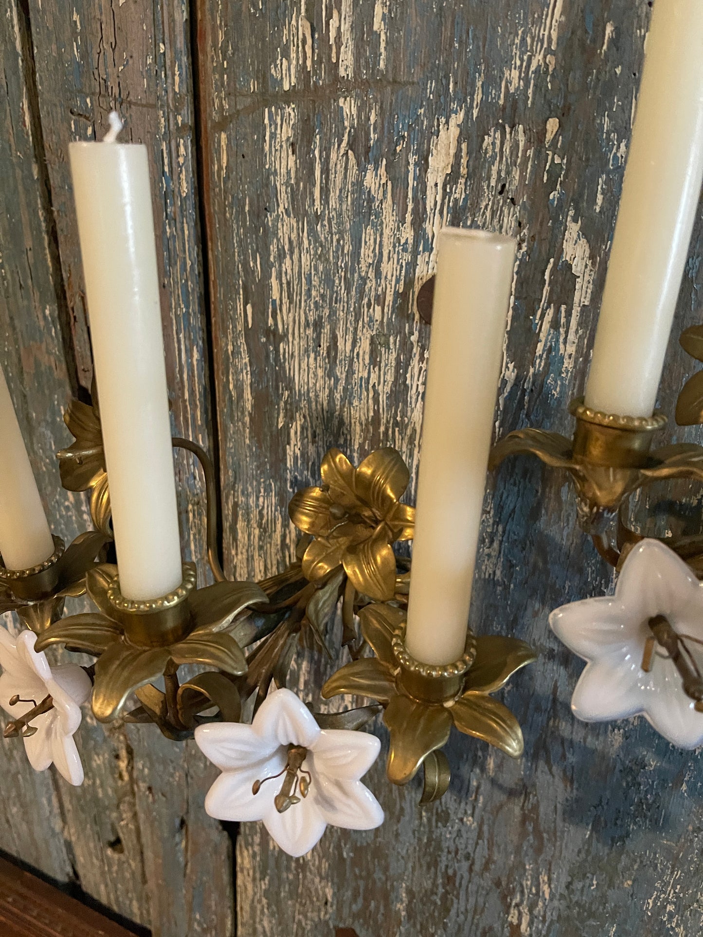 Antique French Church Gold Tole and Milk Glass Wall Sconces, Pair