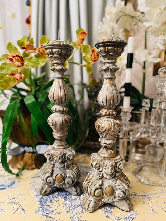 Ornately Carved Wood Empire Candlestick Pair with Claw Feet and Cherubs, Vintage
