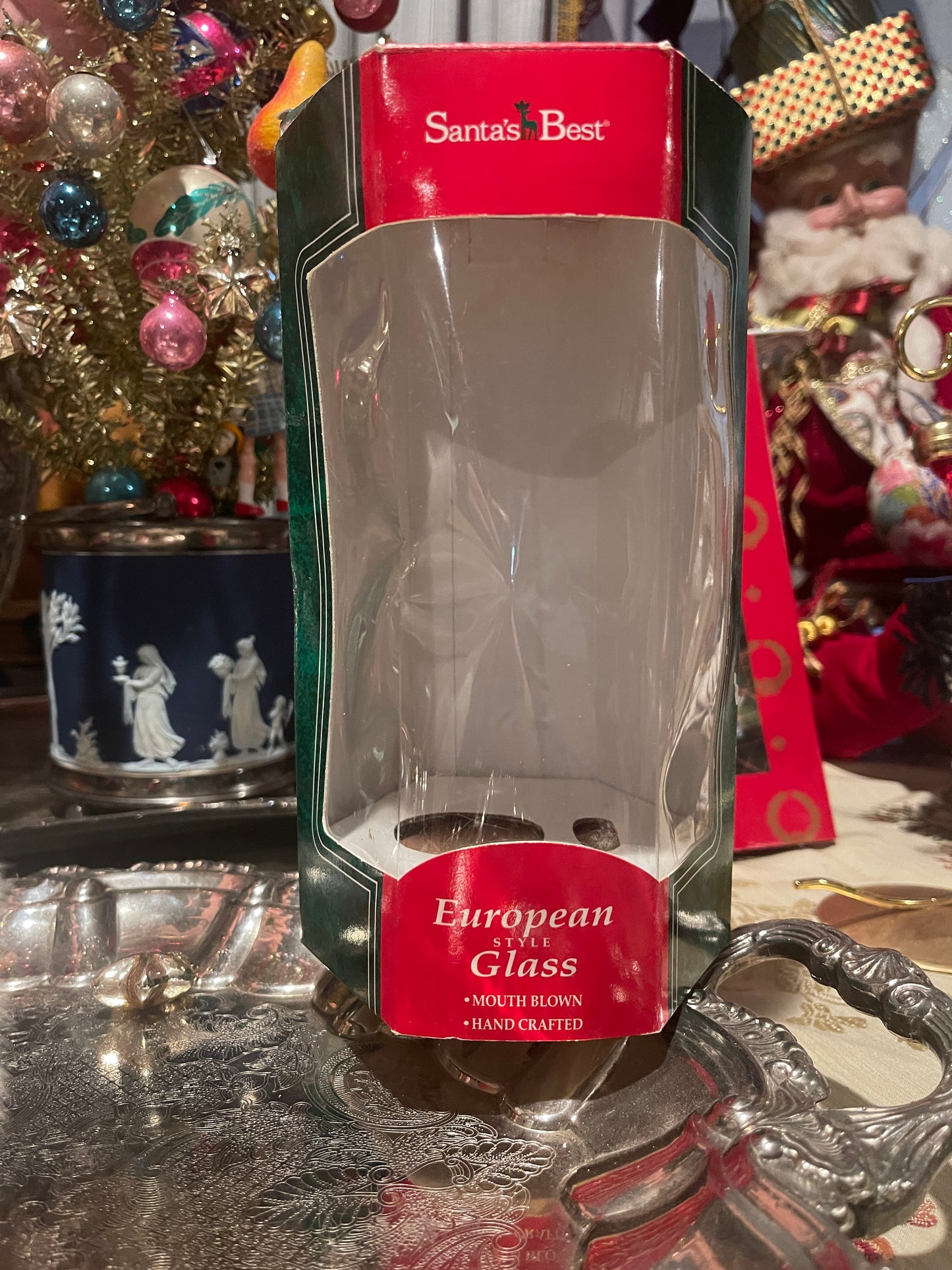 Vintage Blown Glass Parisian Kitty Ornament with Glitter Stripes, Original Box