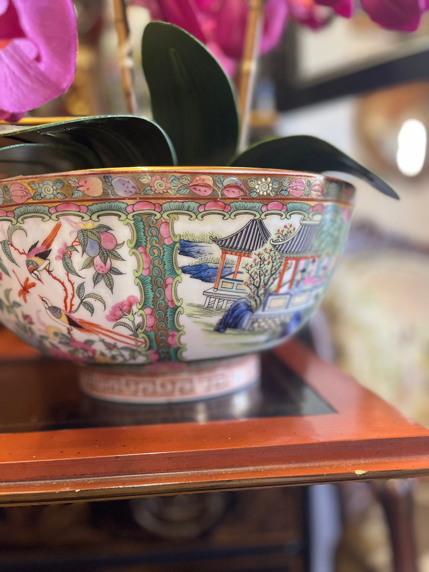 Large Famille Rose Punch Bowl, Greek Key Border