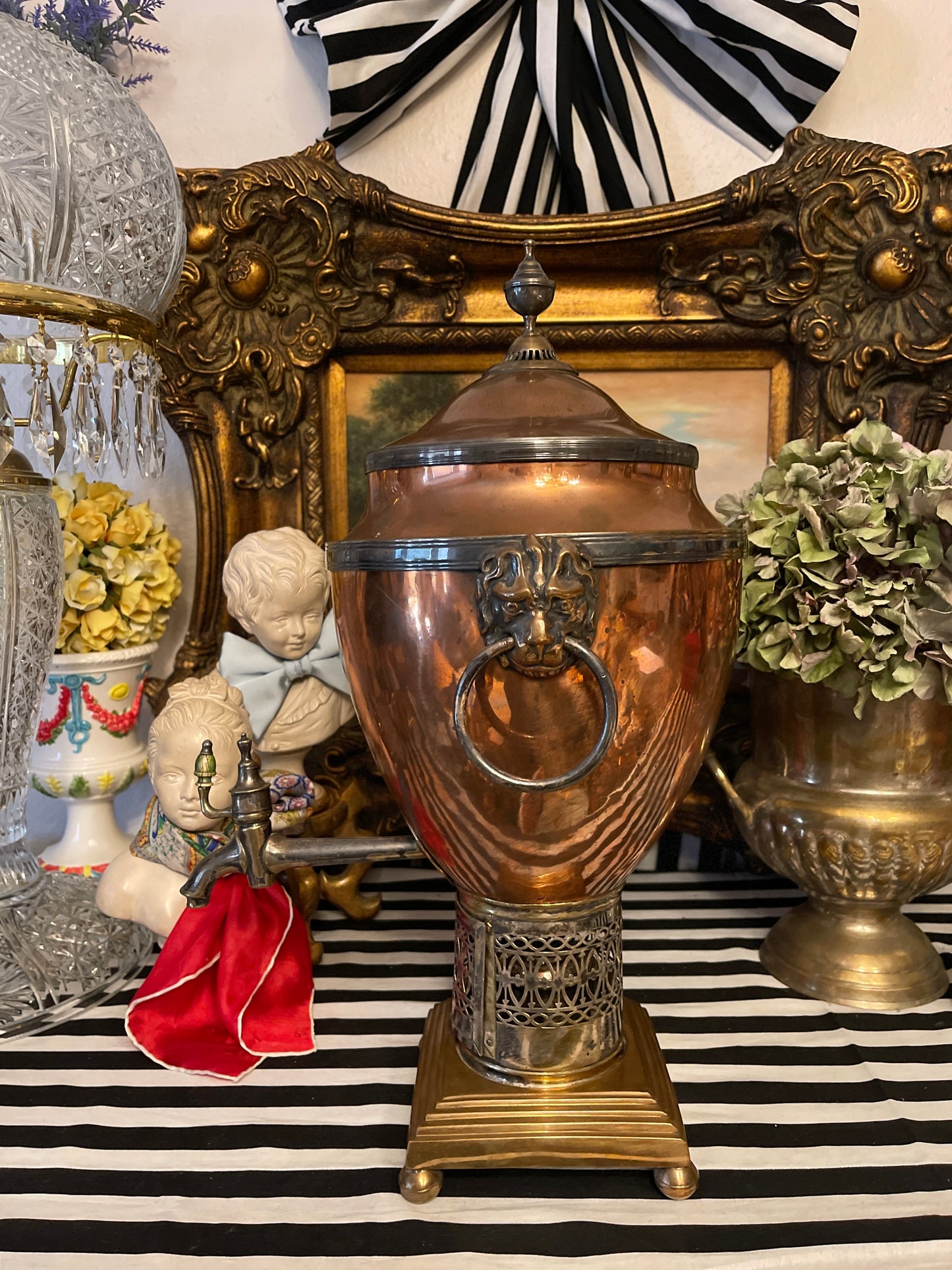 Adam Style Neoclassical Copper & Brass
Samovar with Lion Head Rings and Stepped Base