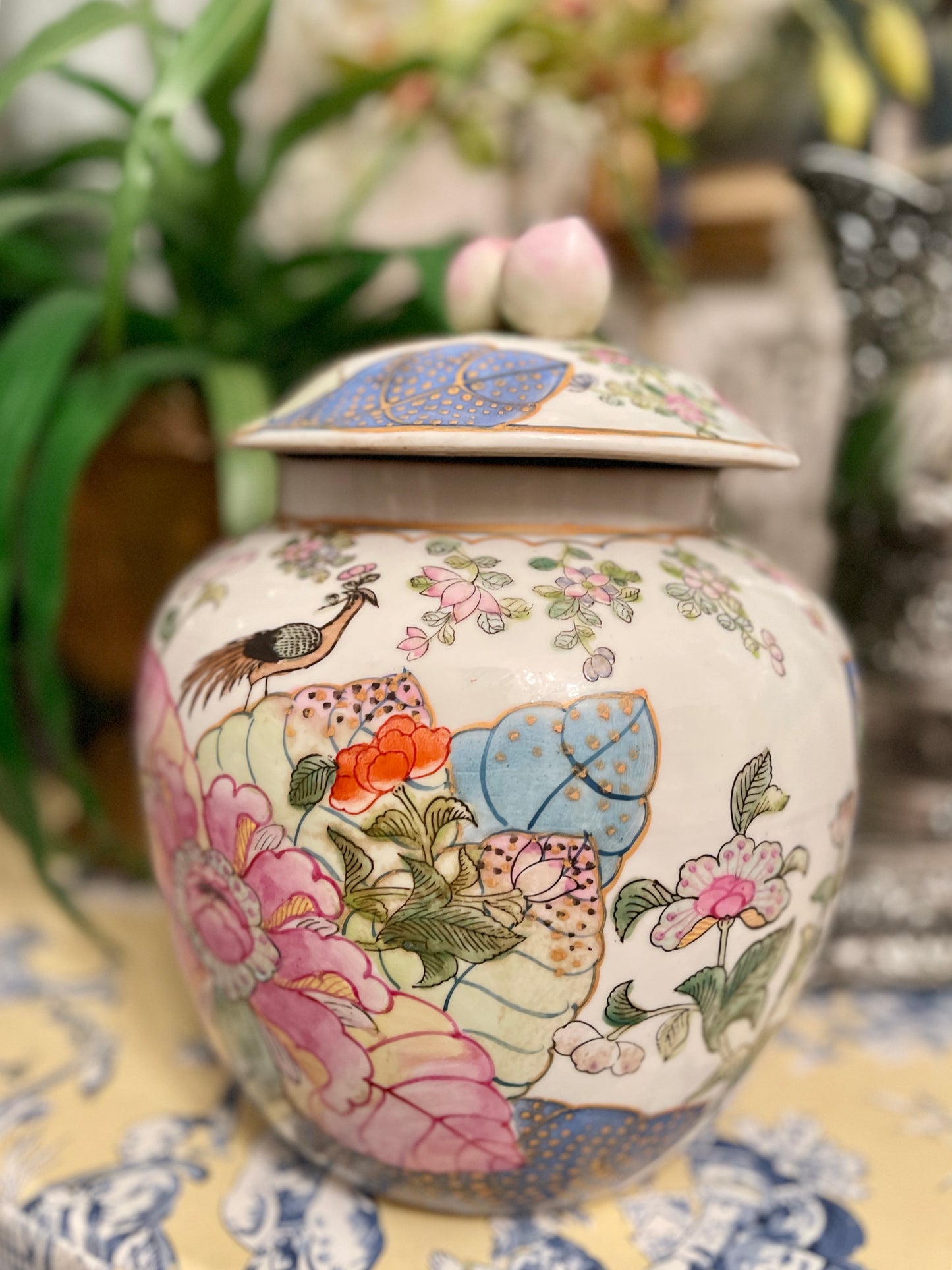 Large Tobacco Leaf Lidded Jar with Applied Fruit and Enamel Foliage