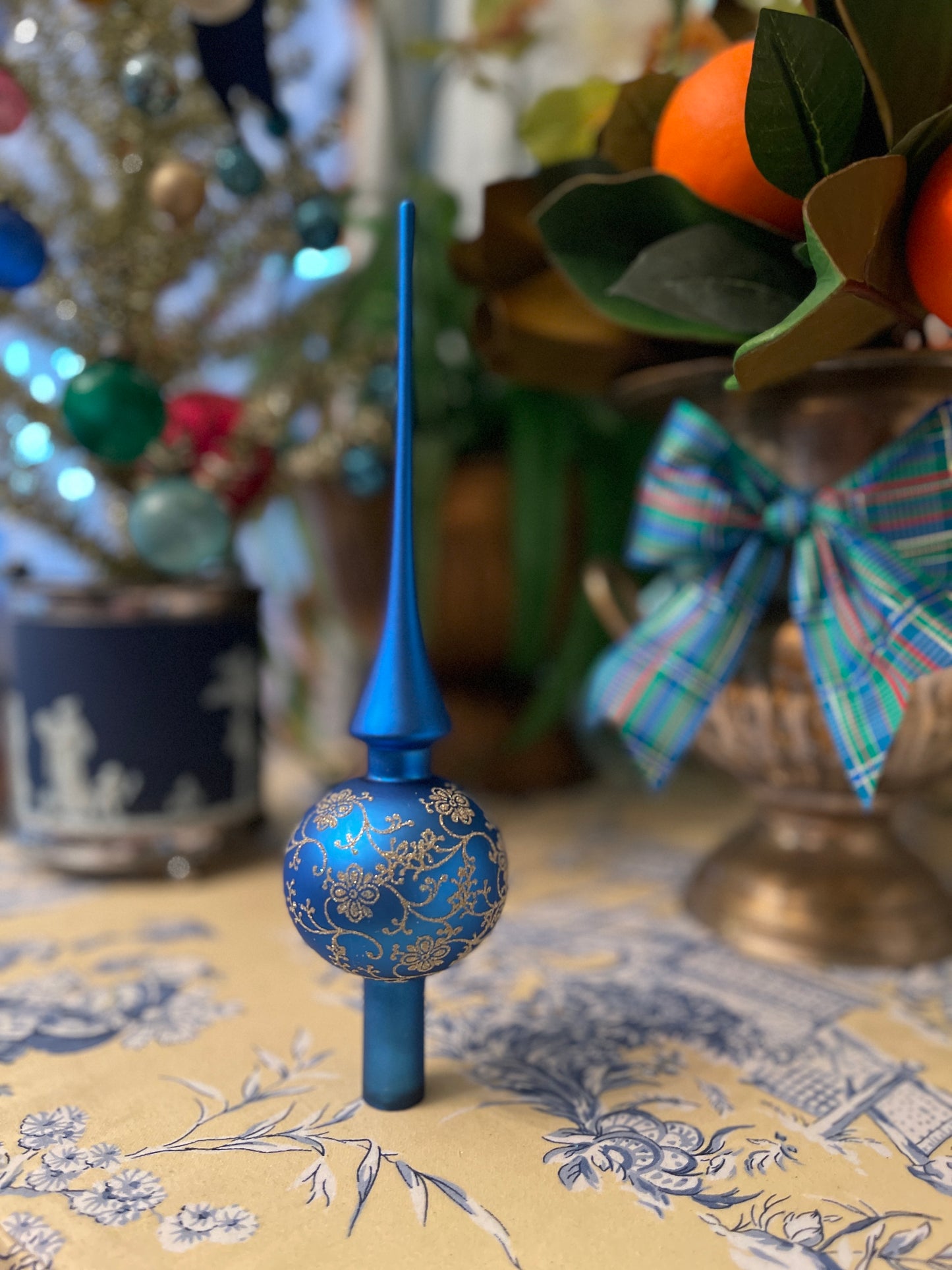 Vintage Blue and Gold Glass Tree Topper, Made in Germany