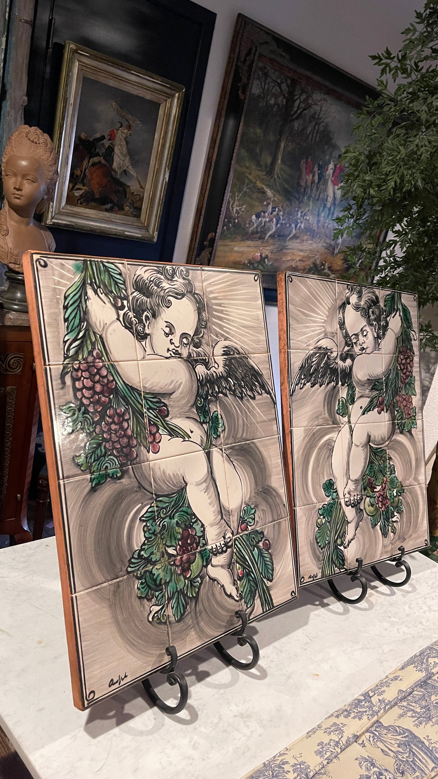 Right Facing - Hand Painted Italian Winged Putti Tile Mural | Signed Angelo | 12-Tile Architectural Wall Panel