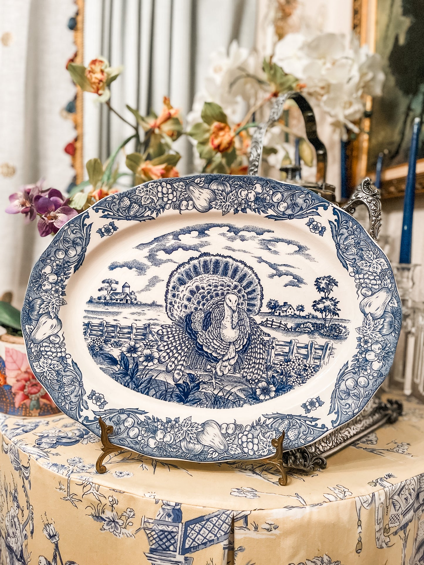 Vintage Blue and White Turkey Platter, Made in Japan, Large
