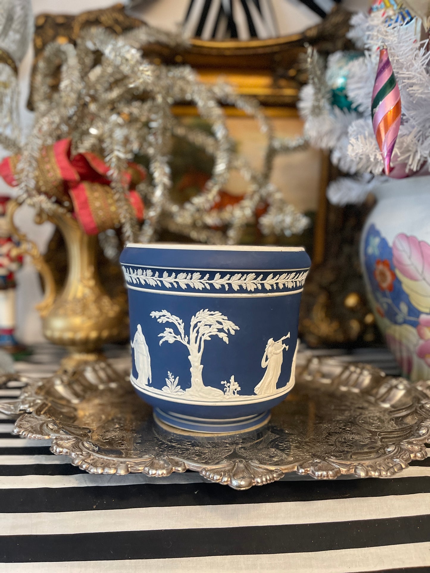 Blue and White Jasperware Cachepot by Adams, Made in England