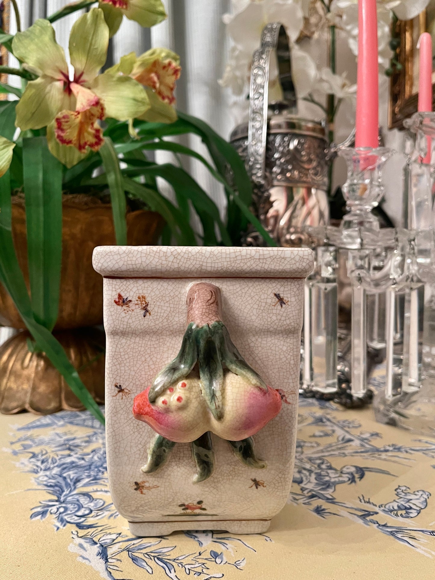 Vintage Chinoiserie Bird Footed Cachepot Planter with Applied Fruit Handles
