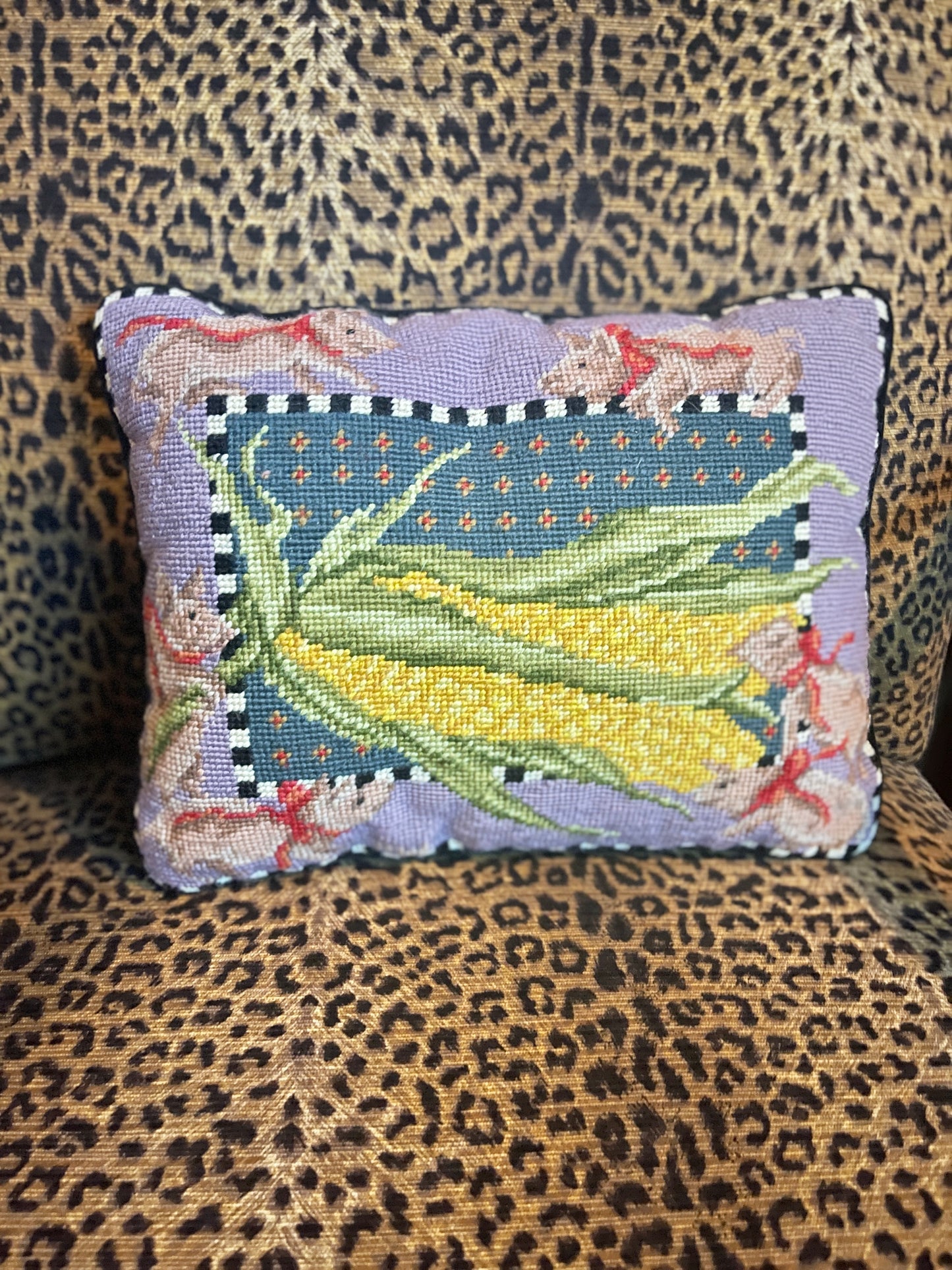 Precious Pigs in Bows Needlepoint Pillow