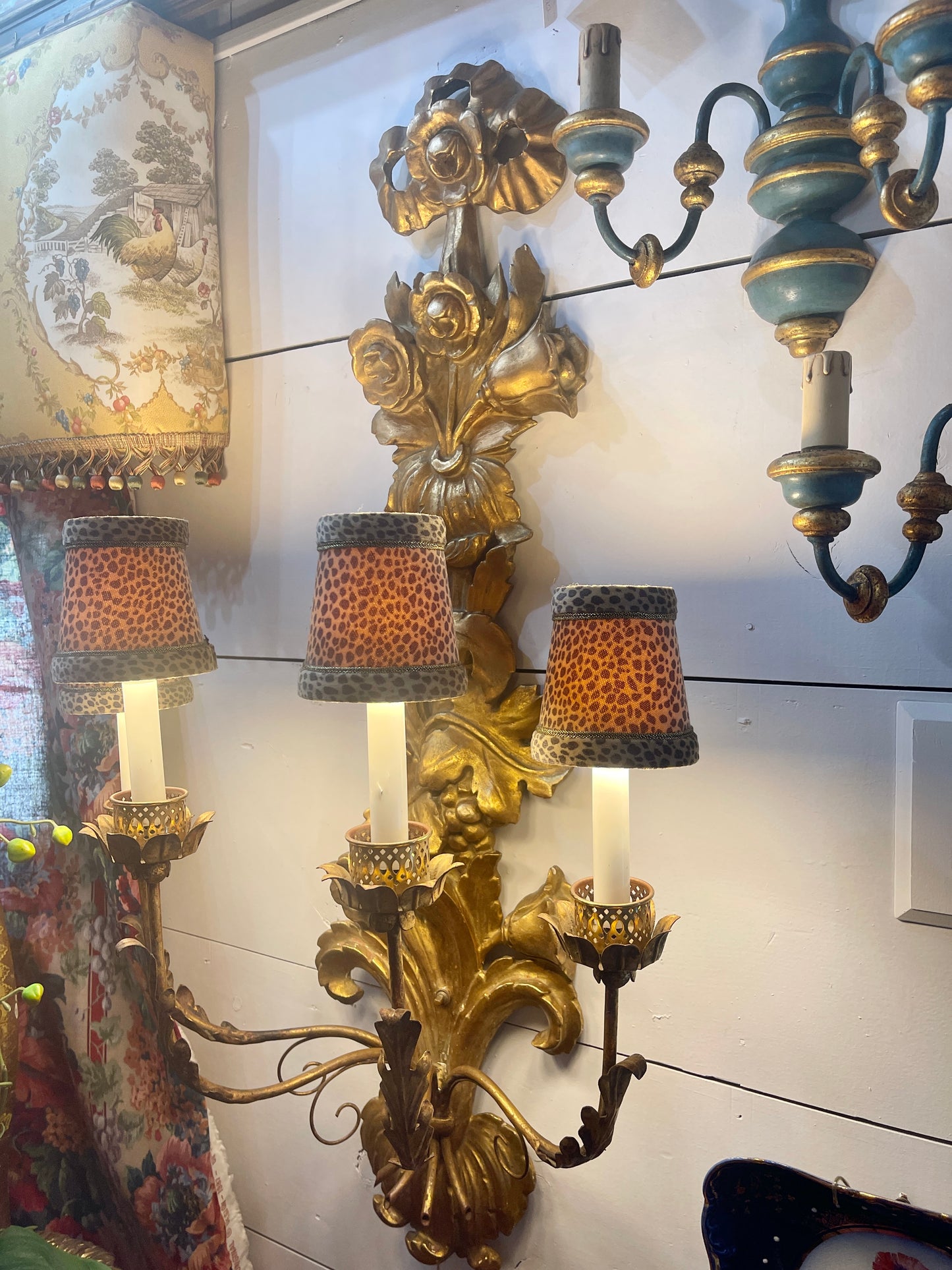 Italian Gilt Wood Wall Sconce, Carved Flowers with Bow, Four Light, Wired