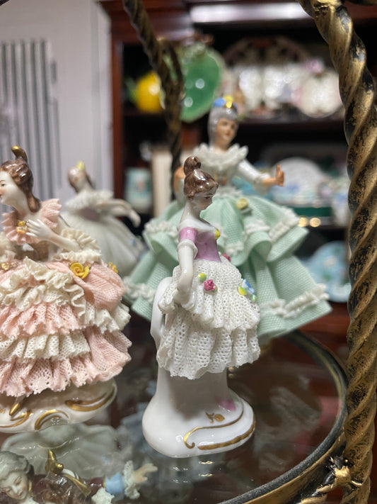 Pretty Vintage German Porcelain Dresden-Style Dancer Figurine | Lace Detail |Pink Top | Applied Flowers