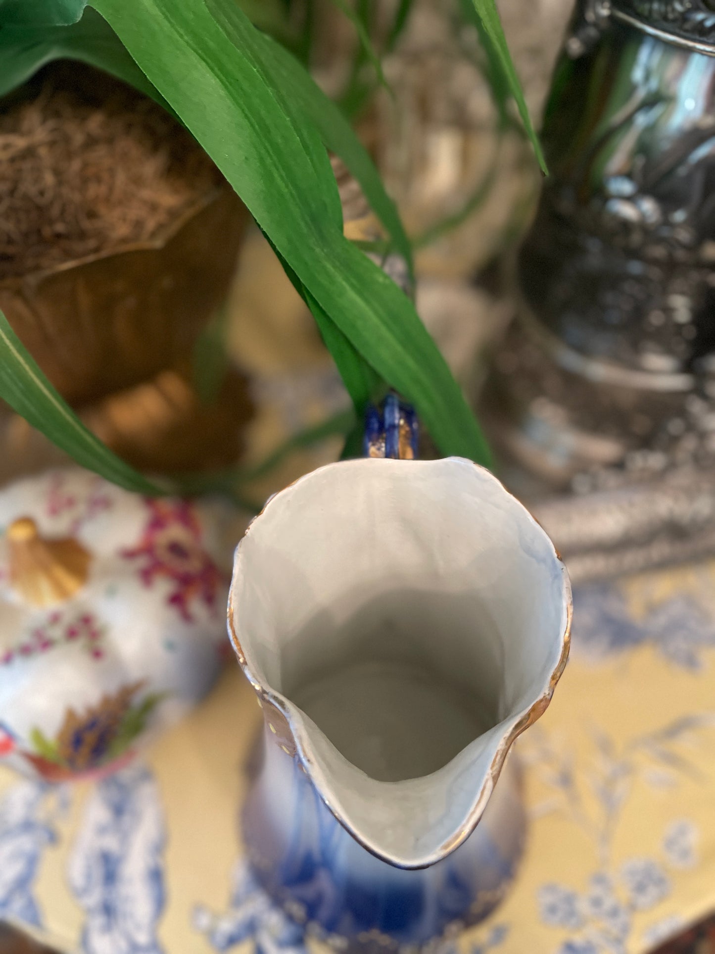 K & G Luneville France Blue, White and Gilt Relief Pitcher
