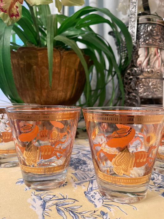 Vintage Fred Press Orange and 22kt Gold Trojan Horse Lowball Glasses, Set of Four