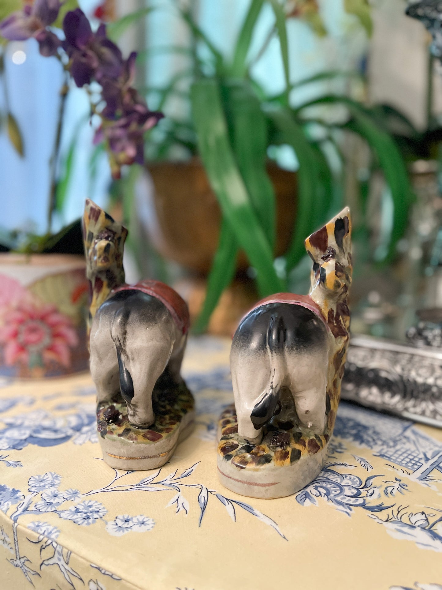 Pair of Staffordshire Style Elephant Spill Vases, Mirrored Pair, Vintage