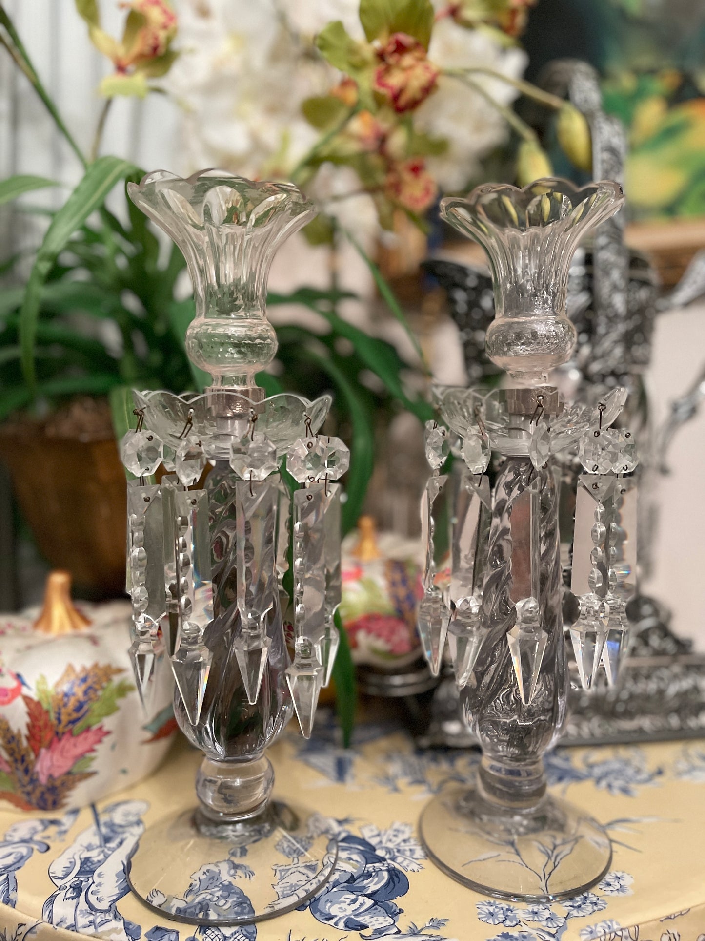 Vintage Fostoria candlesticks with blush pink votives with lusters and long prisms. This pair is truly stunning!