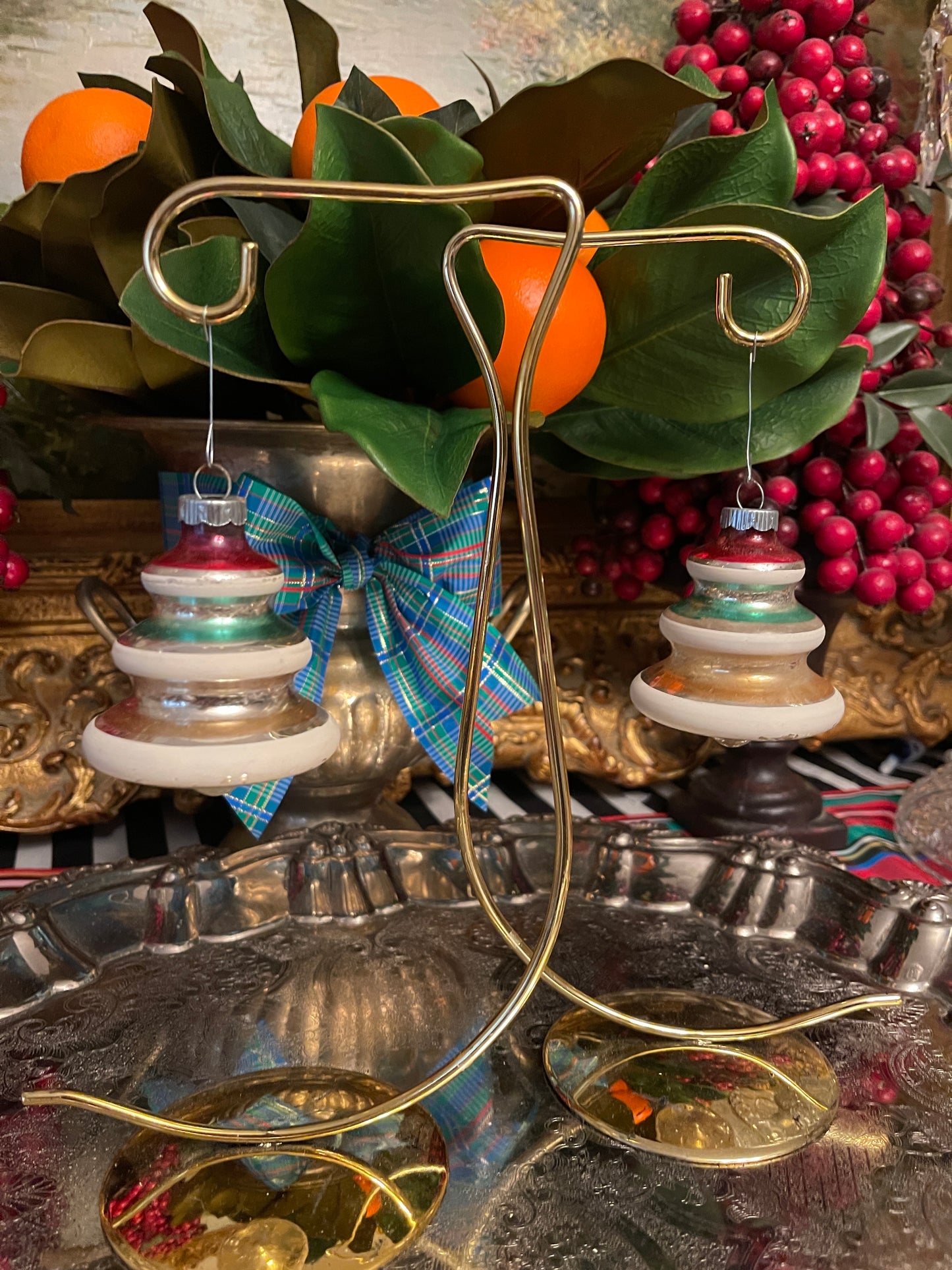 Vintage Shiny Brite Striped Mica UFO Tree Ornament Pair, Mid Century, Holiday Estate Decor