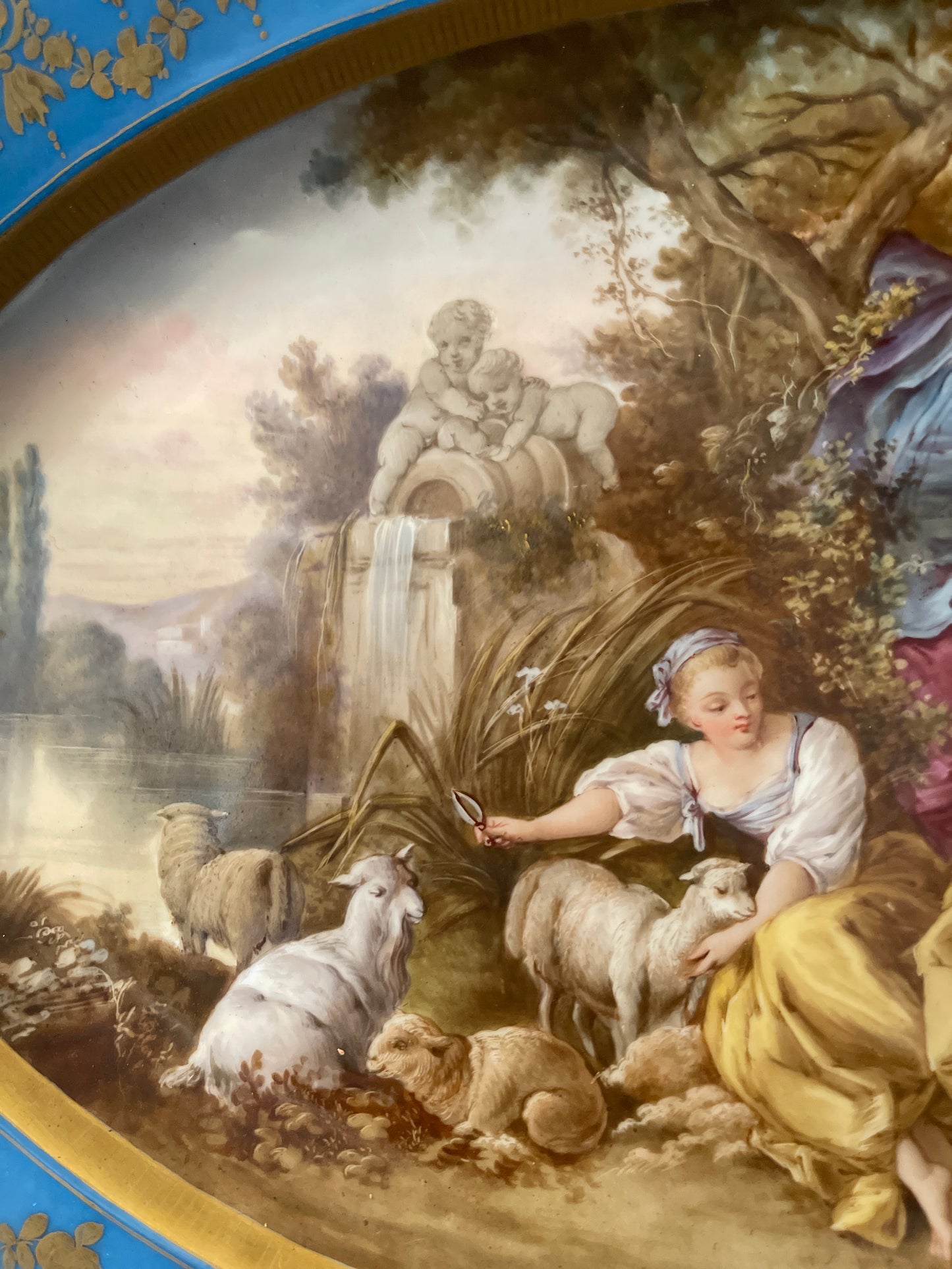 XLARGE French Porcelain Sevres Style Tray with Gilded Tole Trim, Pastoral Courting Scene in the style of Boucher